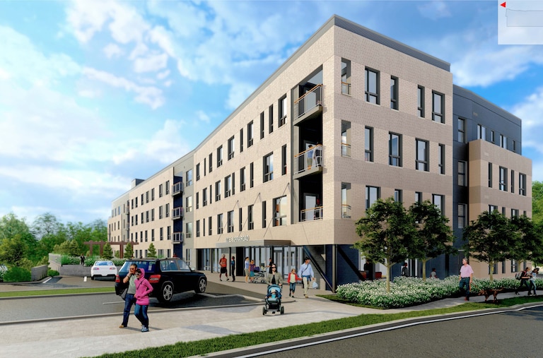 A rendering shows Homes for American's plan for Red Maple Place, an apartment building on Joppa Road that would have 50 affordably priced units and six market-rent units. A Circuit Court judge has given a green light to the controversial proposal.