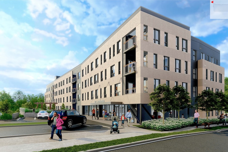 A rendering shows Homes for American's plan for Red Maple Place, an apartment building on Joppa Road that would have 50 affordably priced units and six market-rent units. A Circuit Court judge has given a green light to the controversial proposal.