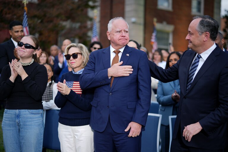 WASHINGTON, DC - NOVEMBER 06: (L-R) Hope Walz, Minnesota first lady Gwen Walz, Democratic vice presidential nominee, Minnesota Gov. Tim Walz, and Second gentleman Doug Emhoff react after Democratic presidential nominee, U.S. Vice President Kamala Harris conceded the election in a speech at Howard University on November 06, 2024 in Washington, DC. After a contentious campaign focused on key battleground states, the Republican presidential nominee, former U.S. President Donald Trump was projected to secure the majority of electoral votes, giving him a second term as U.S. President. Republicans also secured control of the Senate for the first time in four years.