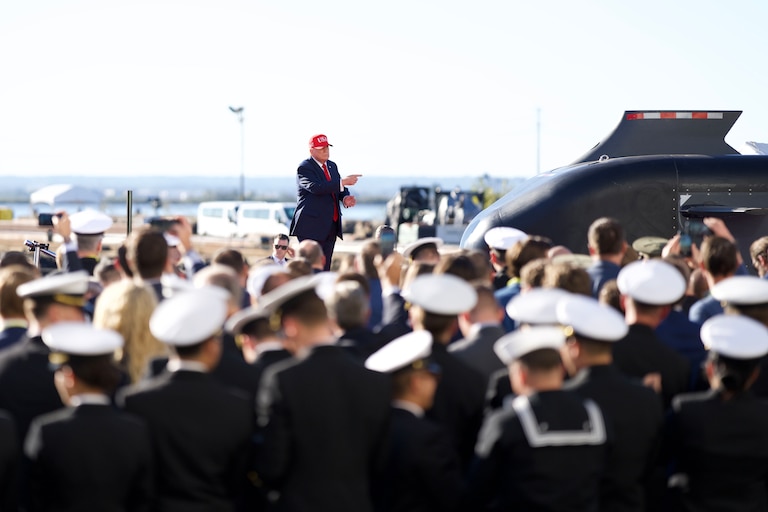 President Donald J. Trump speaks at Tradepoint Atlantic, touting the development of the submarine facility on October 6, 2026 in Edgemere, Maryland.