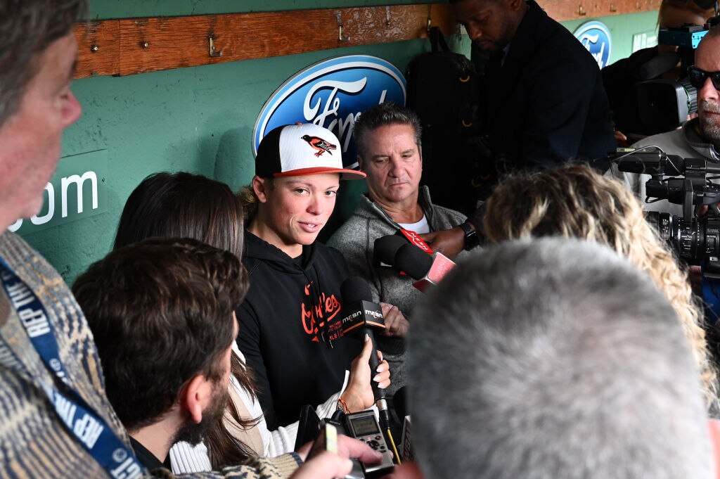 Jackson Holliday #7 of the Baltimore Orioles talks with the media before making his MLB debut against the Boston Red Sox at Fenway Park on April 10, 2024 in Boston, Massachusetts.