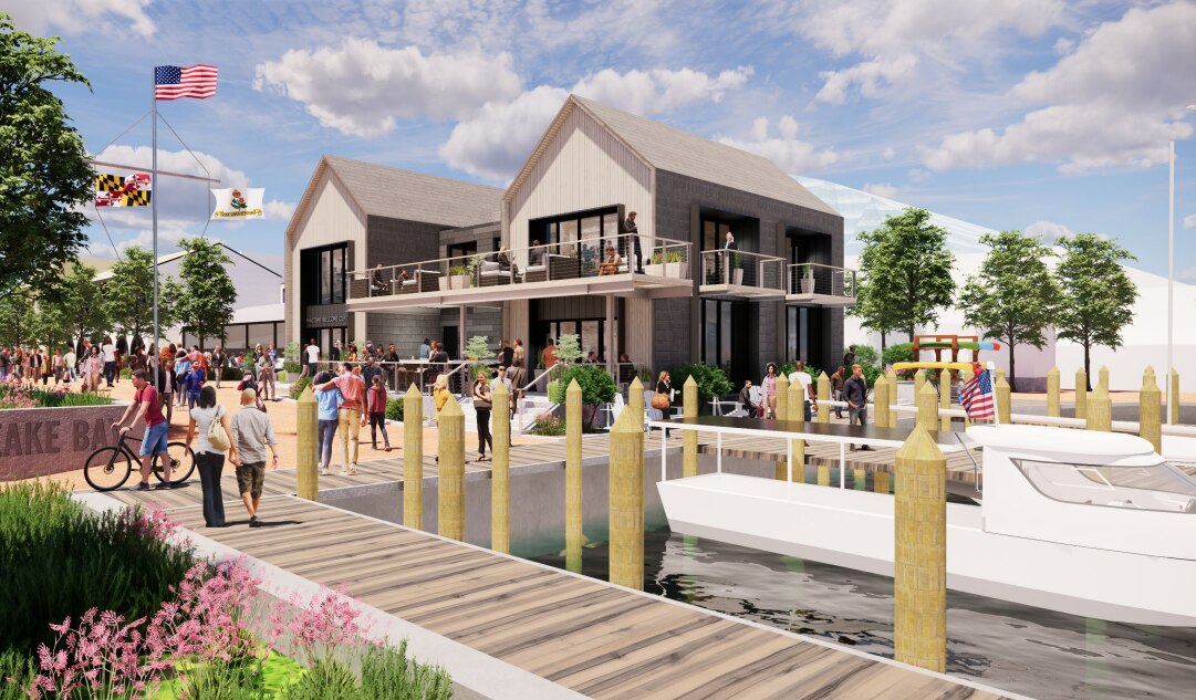 The Maritime Welcome Center, a key feature of the $88 million remaking of City Dock in Annapolis, shows a twin-gabled, wood-sided building right on the harbor.