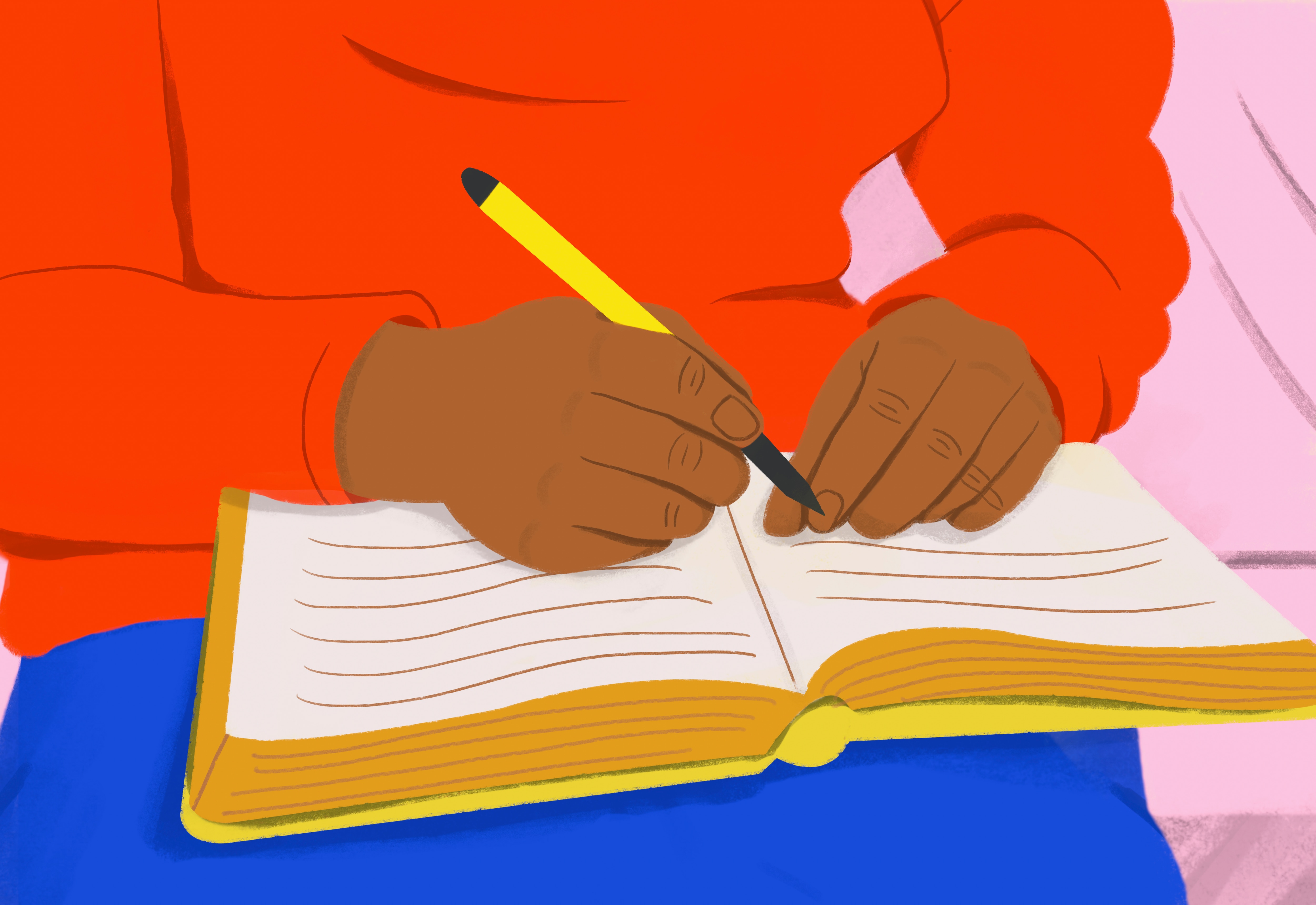 Close up student with pen reading book, studying.