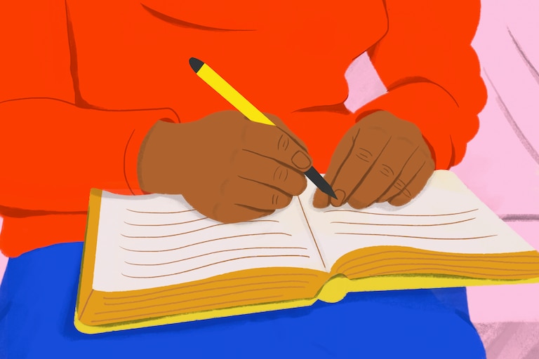 Close up student with pen reading book, studying.