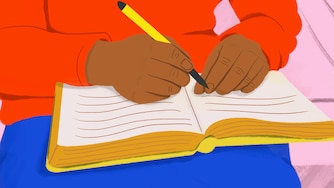 Close up student with pen reading book, studying.