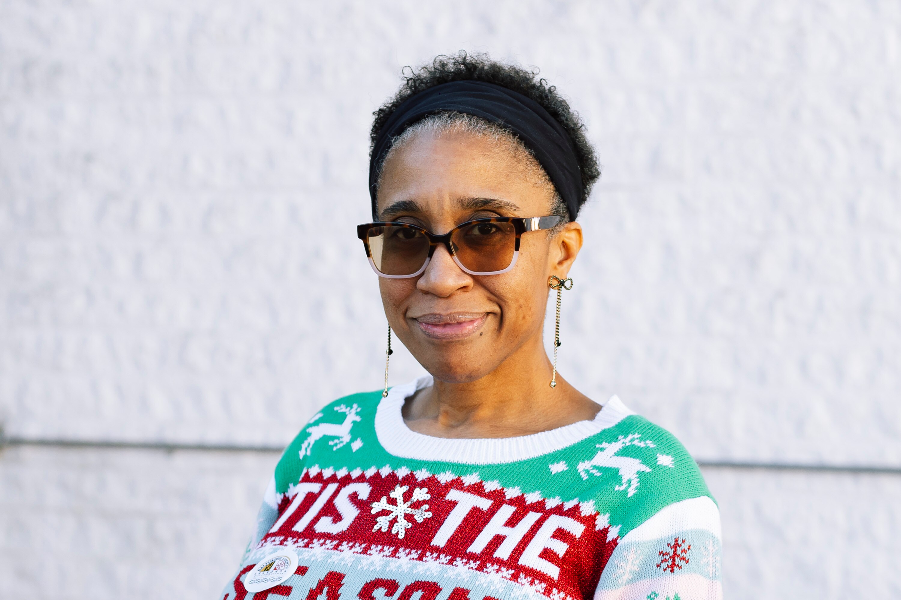 Sharonda Huffman stands outside the kick-off event of her campaign to run for the Baltimore County Council, at the Essex Branch of the Baltimore Public Library in Essex, MD on Saturday, Dec. 14, 2024.