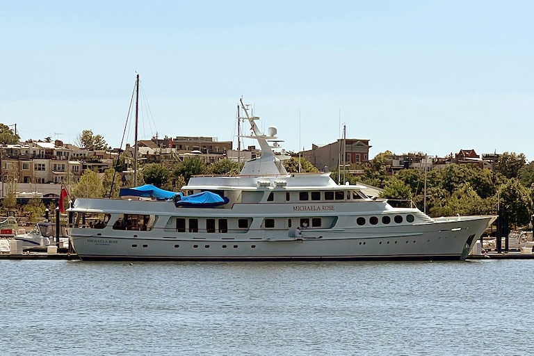 FRIDAY, MAY 29, 2026 - Billionaire Harlan Crow's superyacht, Michaela Rose, docks in the Inner Harbor Marina in Baltimore on Thursday. It is best known for taking Justice Clarence Thomas on well-publicized cruises.