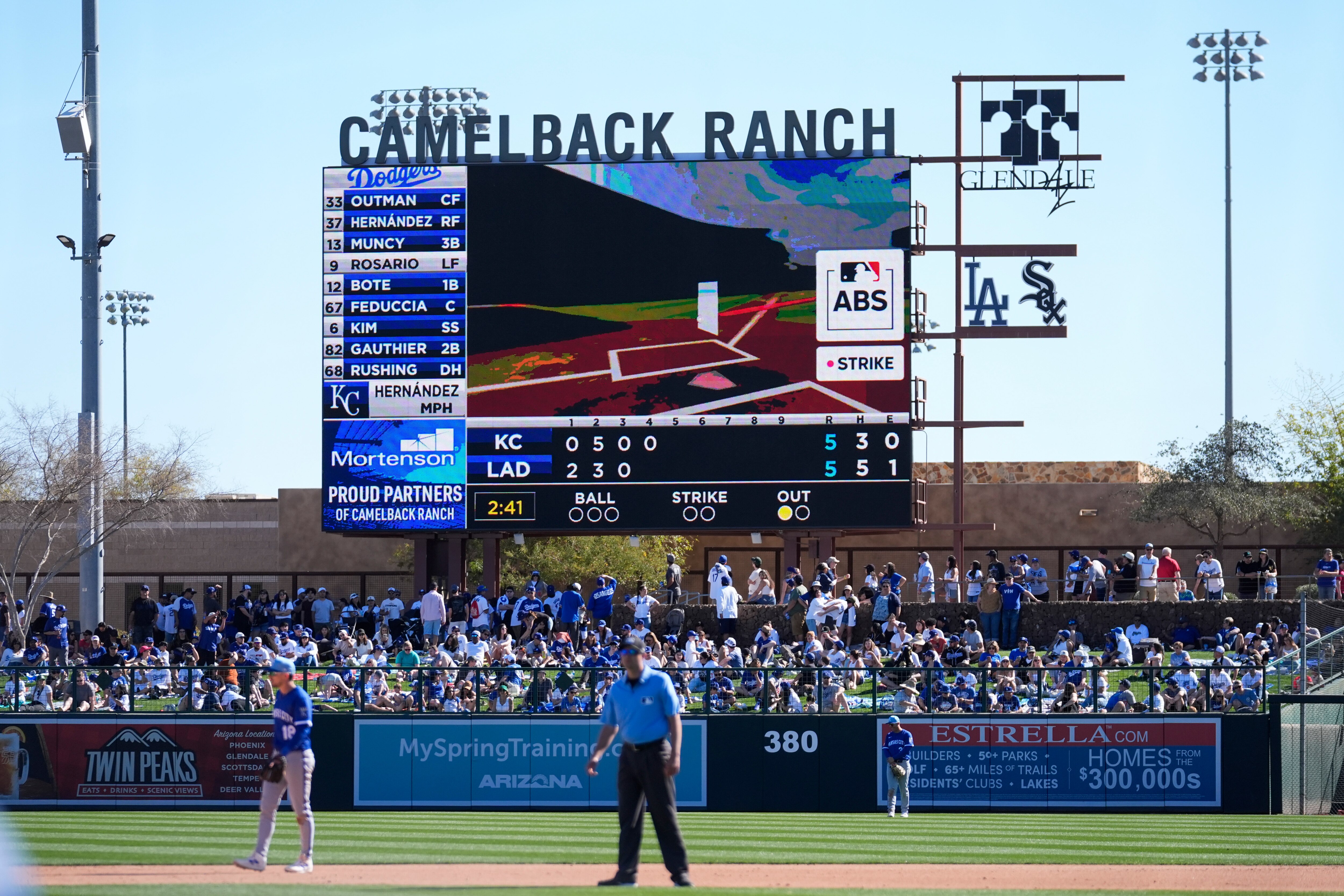 The Automated Ball-Strike System shows a replay of a challenged strike call against Los Angeles Dodgers' Eddie Rosario during the fourth inning of a spring training baseball game against the Kansas City Royals, Saturday, Feb. 22, 2025, in Phoenix.