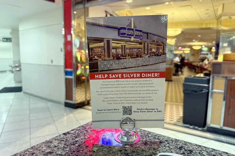 Silver Diner executives have placed tabletop cards across their restaurant at Baltimore Washington International Thurgood Marshall Airport asking for customers’ support to keep them there amid a brewing legal battle between them and Fraport, the airport’s concession management company.