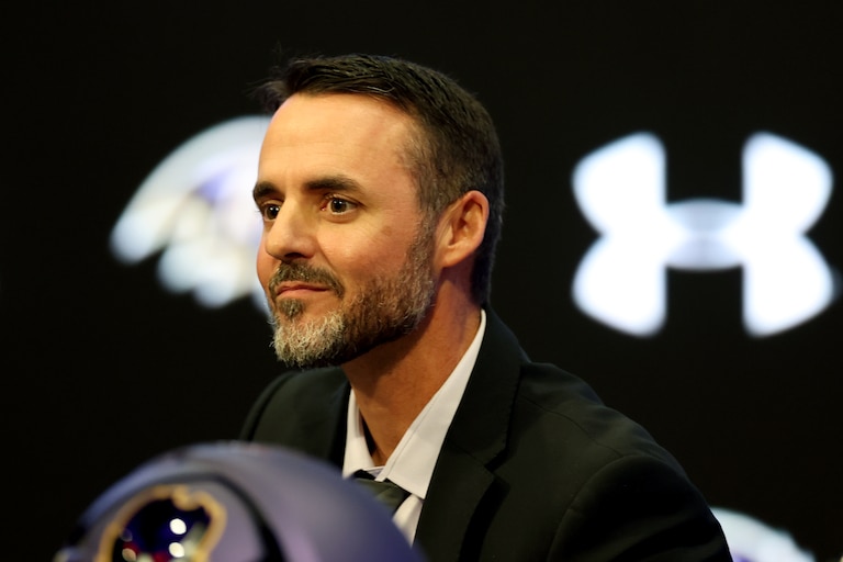 OWINGS MILLS, MARYLAND - JANUARY 29: New Baltimore Ravens head coach Jesse Minter is introduced during a news conference at Under Armour Performance Center Baltimore Ravens on January 29, 2026 in Owings Mills, Maryland.