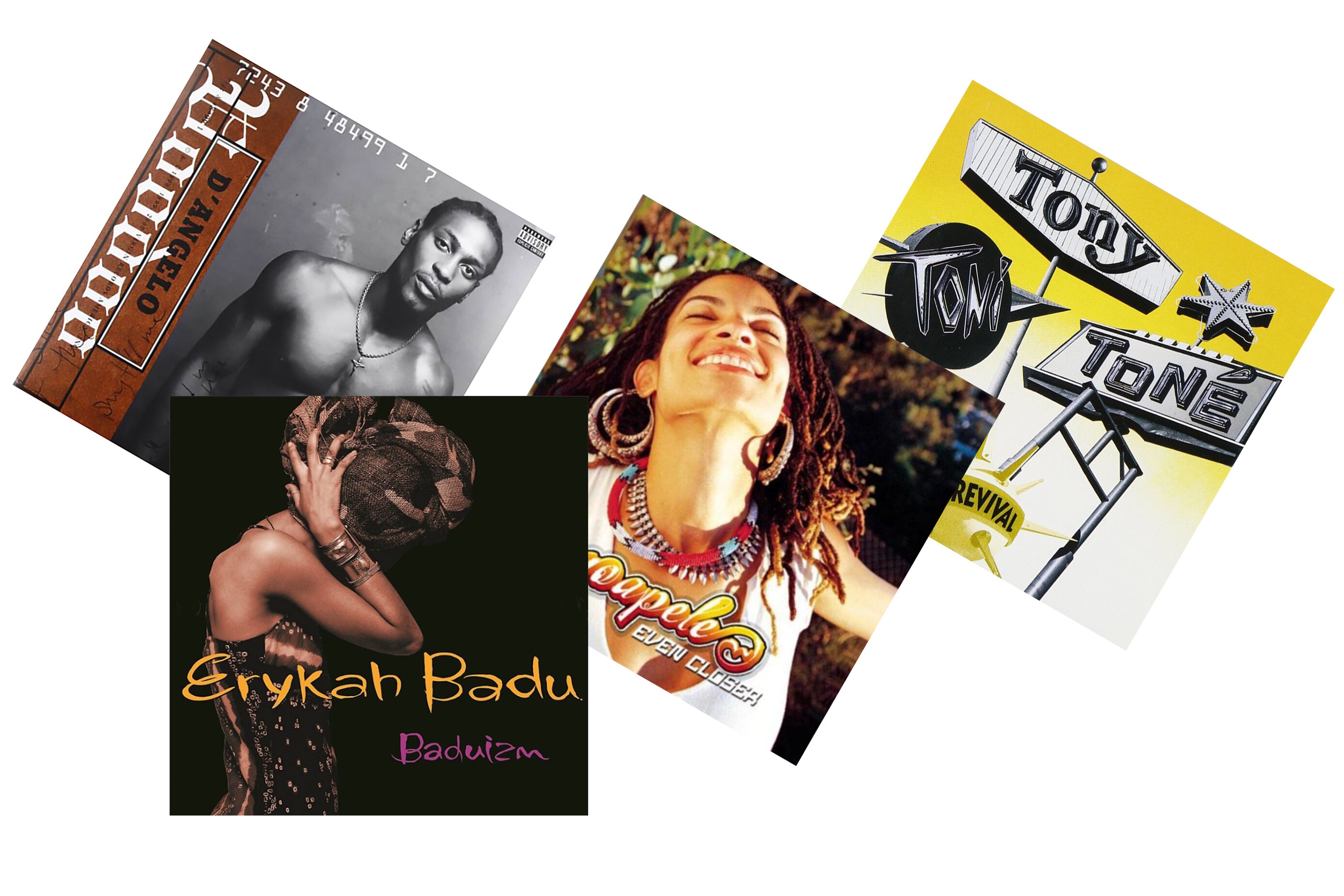 (l to r) Album covers for the neo-soul artists D’Angelo. Erykah Badu, Goapele and Tony! Toni! Toné!