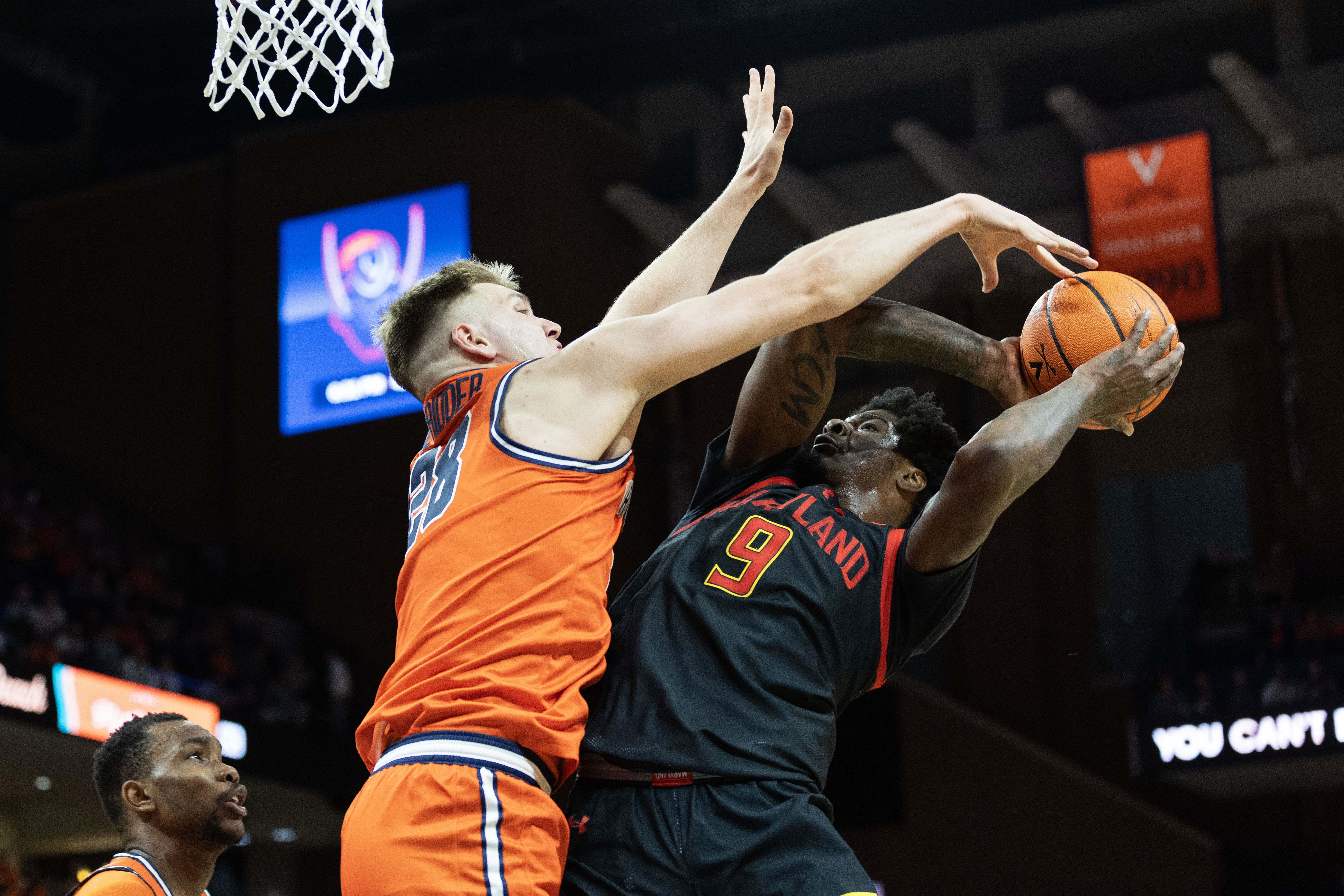 Solomon Washington, pictured against Virginia, had 11 points and 14 rebounds for Maryland against Rutgers on Sunday.