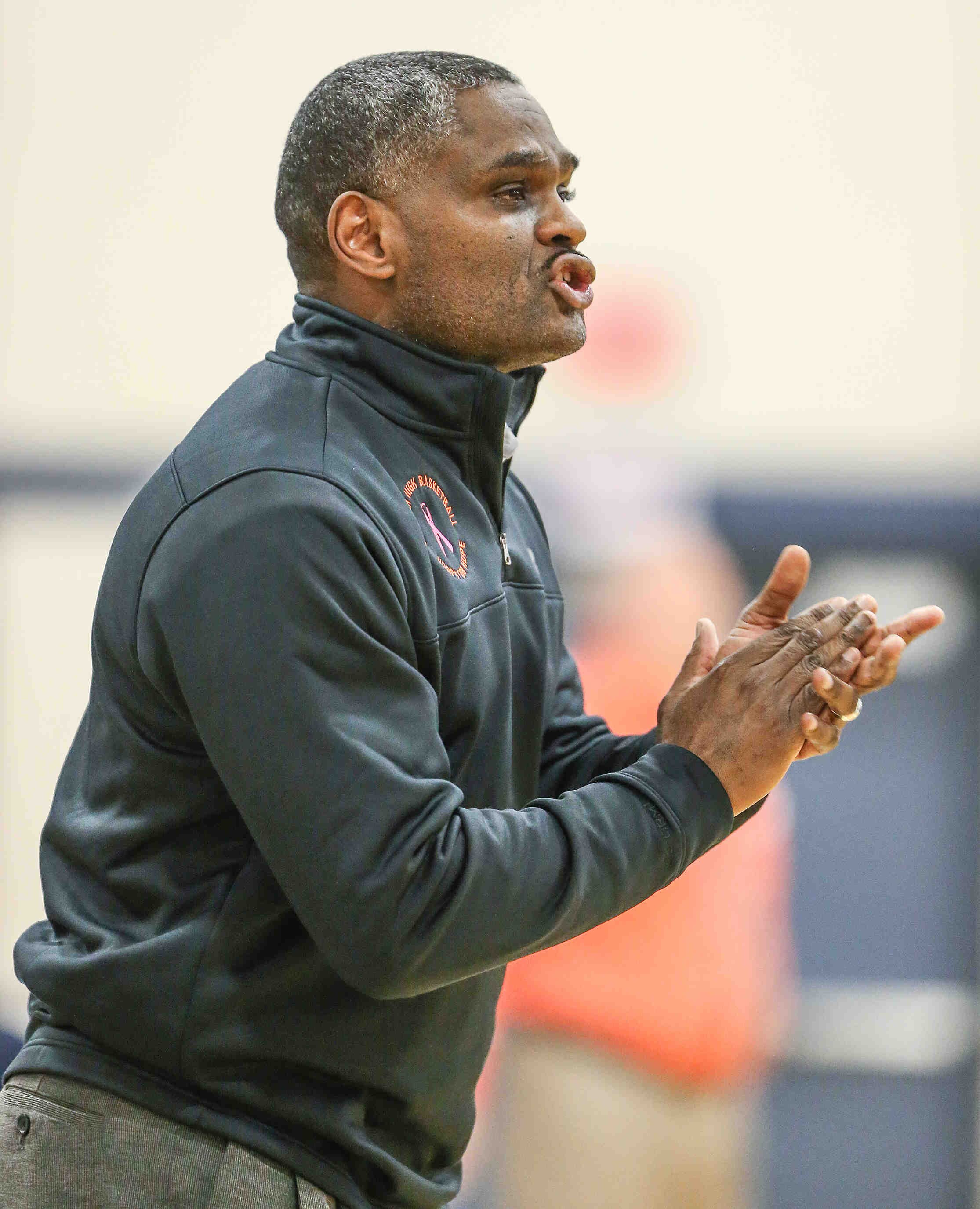 Chester's head coach Larry Yarbray, Sr. calls plays against Hershey during the 2nd quarter of second round of the PIAA class 5A Championships at Pottstown High School, 
Thursday,  March 16, 2017. Chester beats Hershey 61-51.