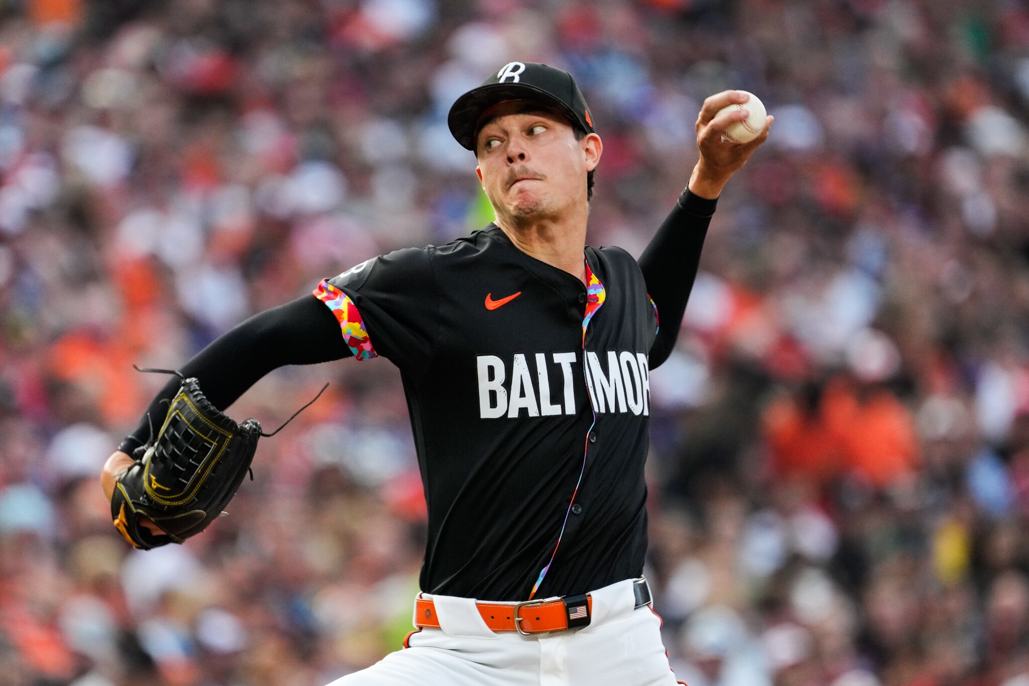 Baltimore Orioles pitcher Cade Povich (37) delivers a pitch in the third game of a series against the Texas Rangers at Camden Yards on June 29, 2024.