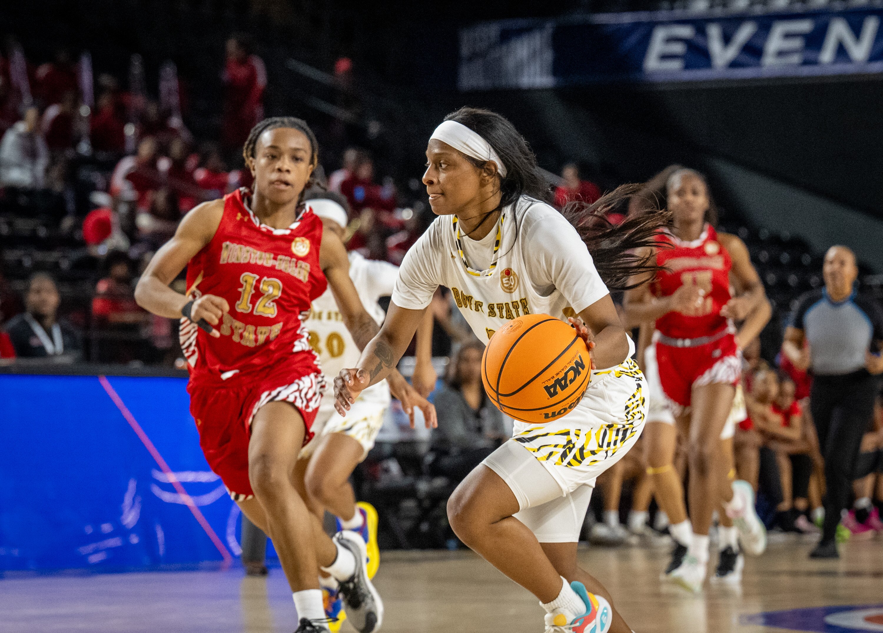 Bowie State’s Destiny Ryles (3) drives the ball against Winston-Salem in the 2025 CIAA Tournament. This year’s team might lack the exhilarating brilliance of Ryles, but a deep roster should provide consistency and composure. 
