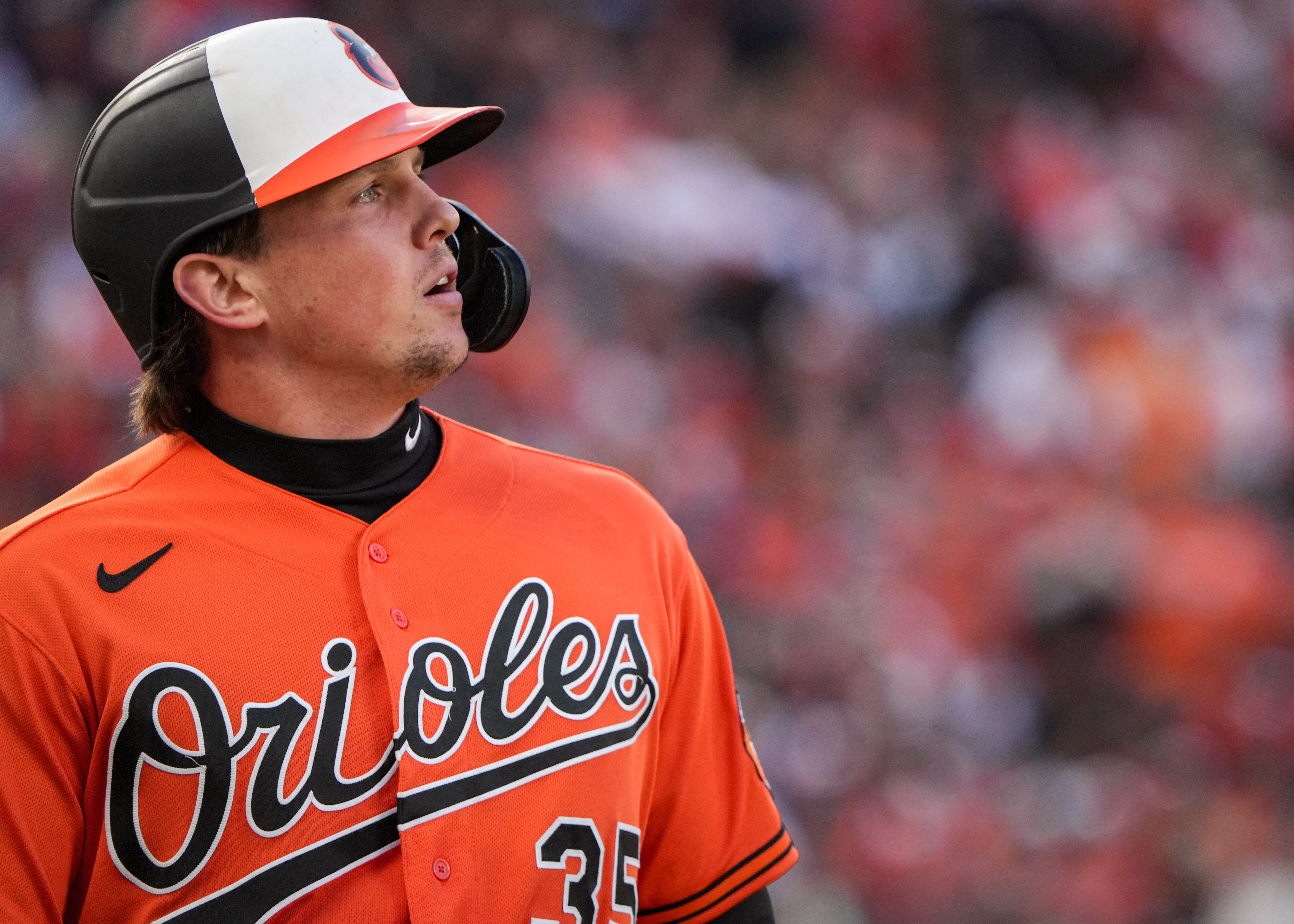 Baltimore Orioles catcher Adley Rutschman reacts after he’s out at first base during Game 2 of the American League Divisional Series against the Texas Rangers at Camden Yards on Sunday, Oct. 8, 2023.