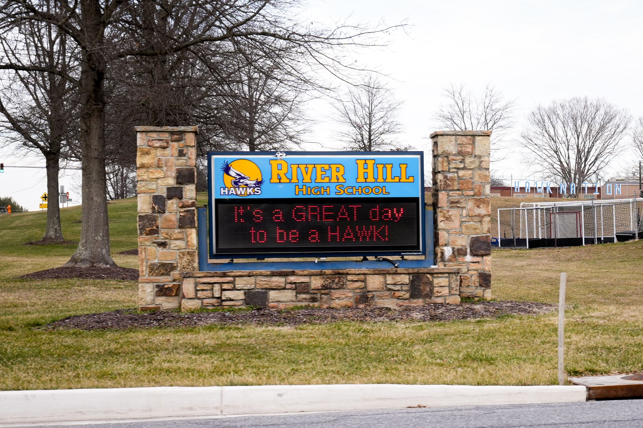 The exterior of River Hill High School in Howard County on Feb. 7, 2024.