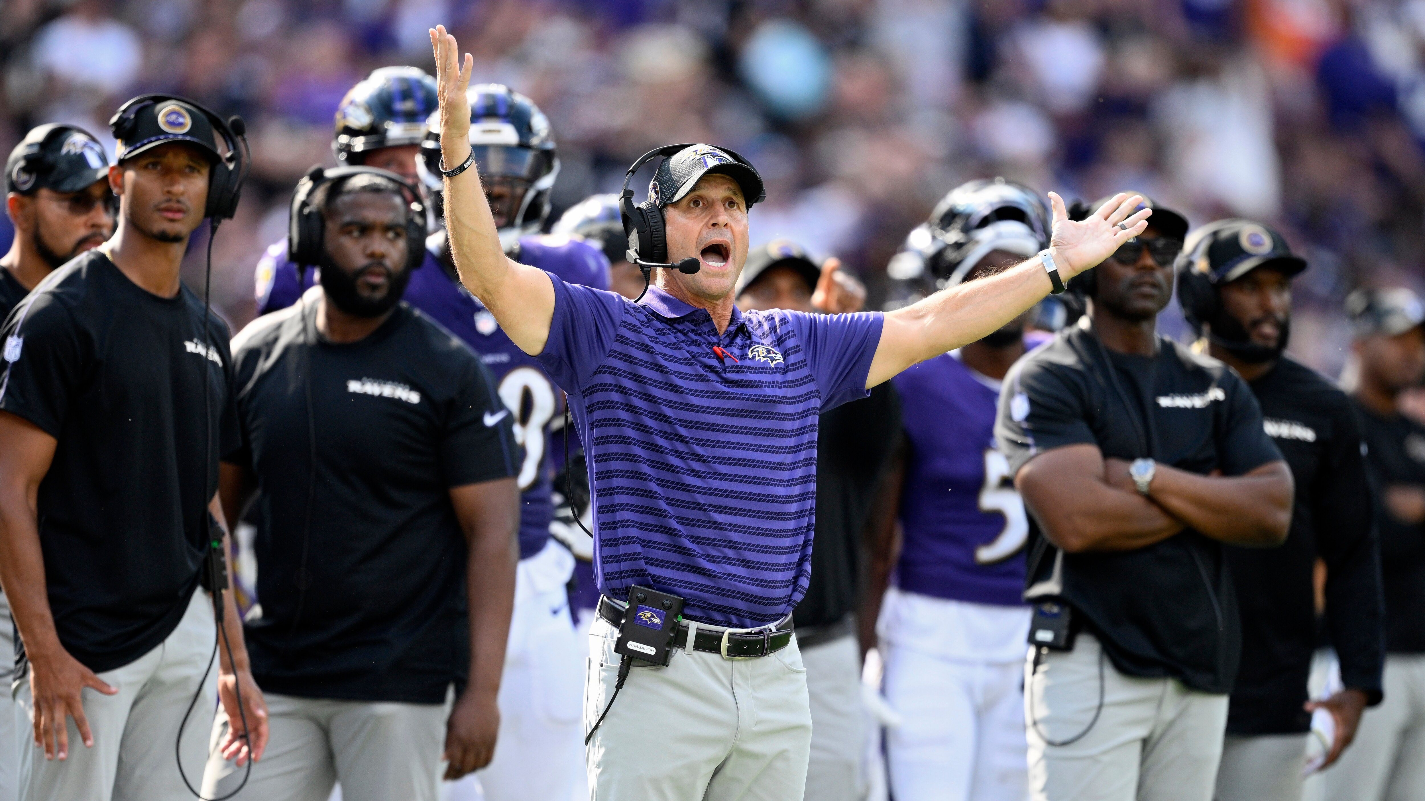 Baltimore Ravens head coach John Harbaugh reacts after a play against the Las Vegas Raiders during the second half of an NFL football game, Sunday, Sept. 15, 2024, in Baltimore. (AP Photo/Nick Wass)