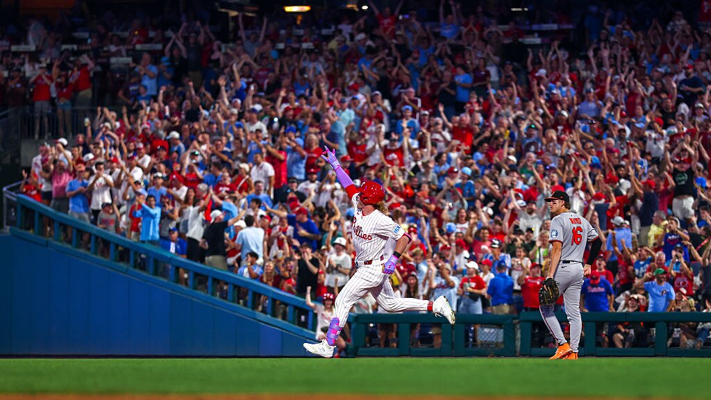 Harrison Bader #2 of the Philadelphia Phillies rounds the bases on his three-run home run in the sixth inning against the Baltimore Orioles.