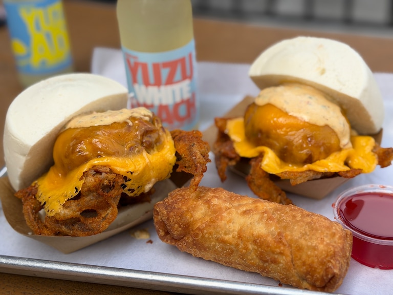 Ekiben's soft-shell crab bun stacks local Maryland soft-shell crab, jumbo lump crab meat, tangy Old Bay remoulade and cheddar cheese on a steamed bao bun.