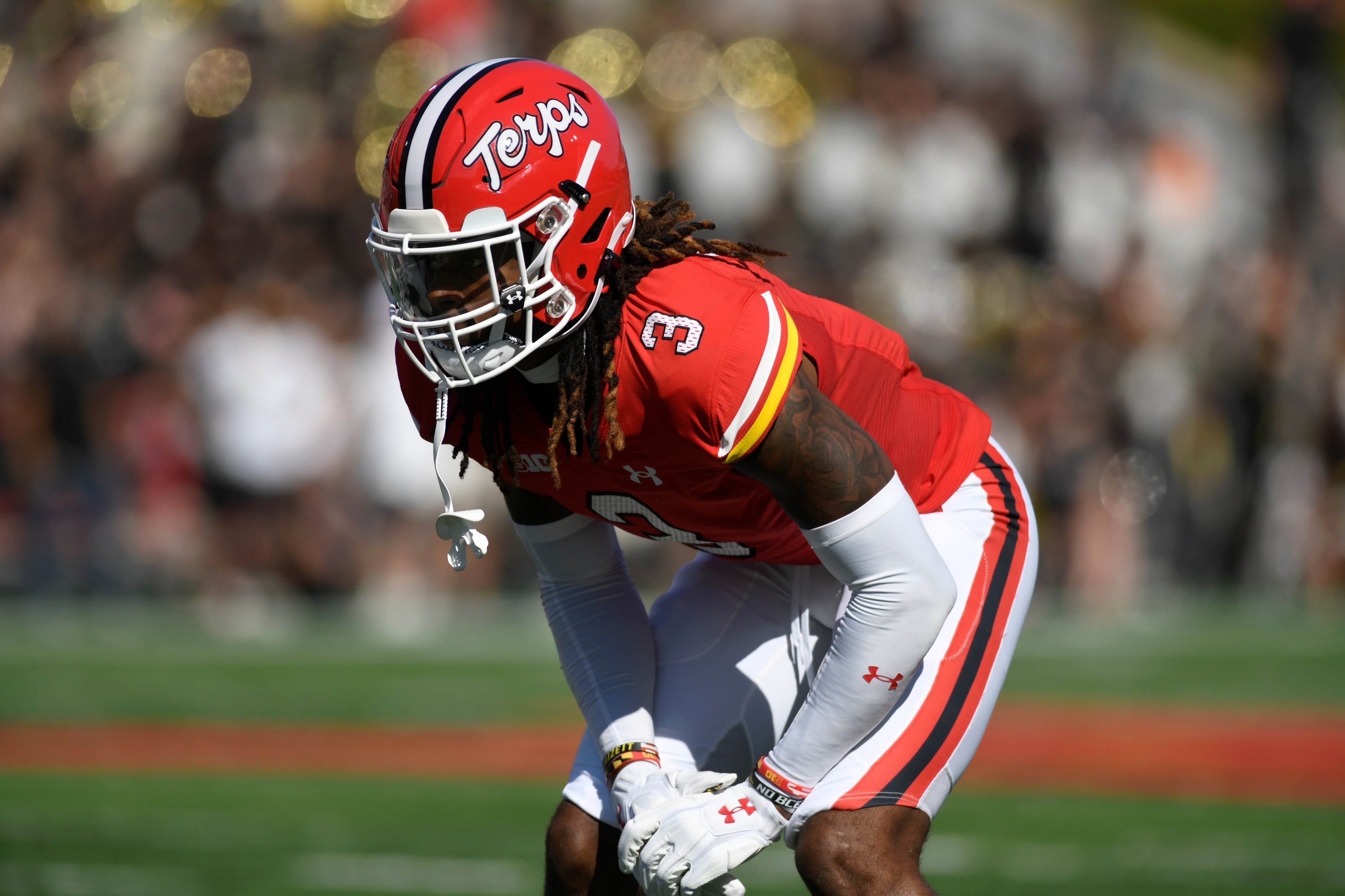 Maryland defensive back Ja’Quan Sheppard lines up against Towson in an NCAA football game Saturday, Sept. 2, 2023, in College Park.