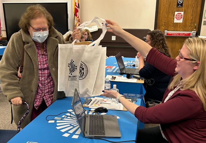 Robin Gardner received a free Chromebook during Anne Arundel County's Chromebook giveaway at Linthicum Library on Wednesday, Jan. 24, 2024. “This means so much. I feel like crying," said Gardner, 65.