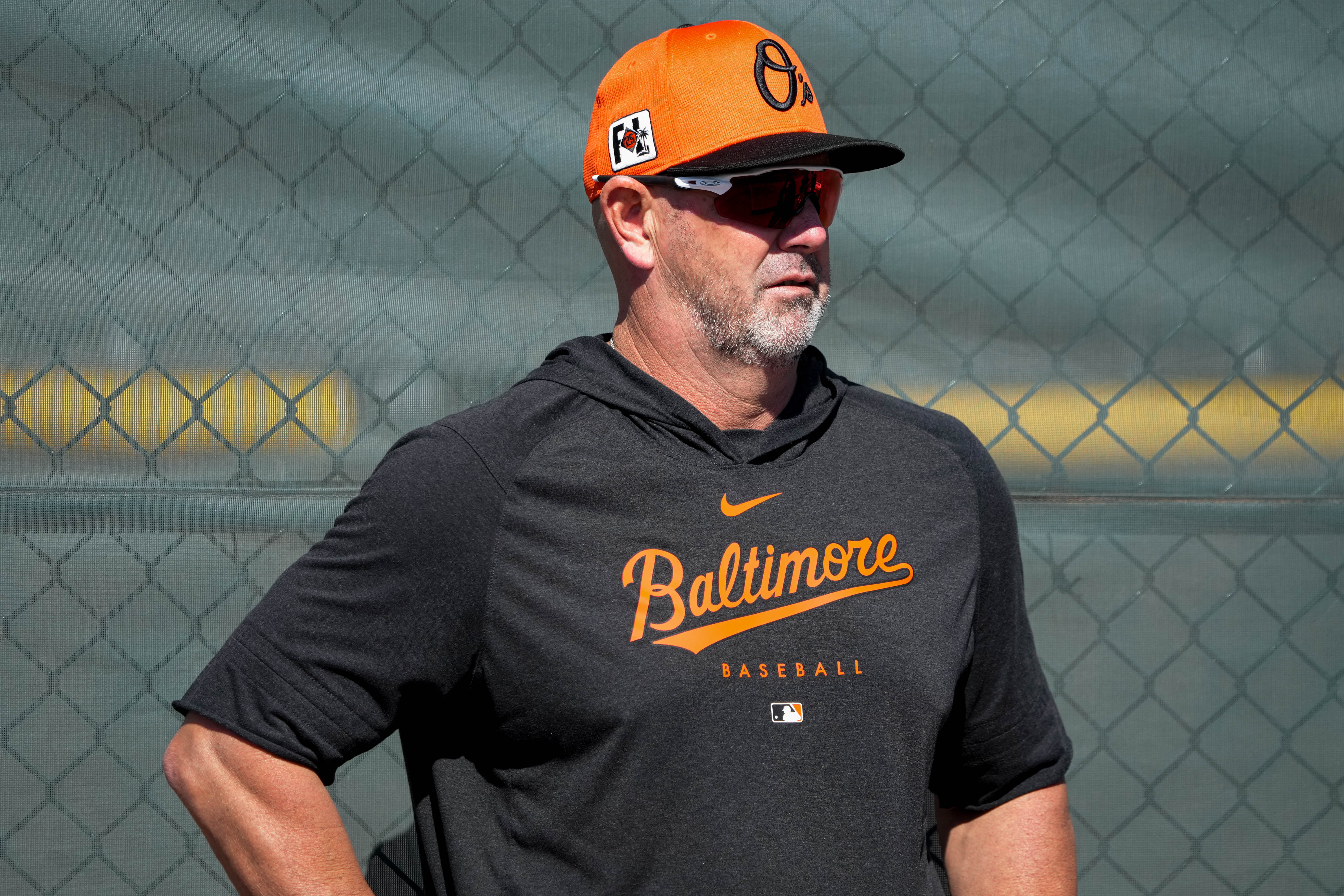 Baltimore Orioles manager Brandon Hyde watches his pitchers throw a bullpen session during Spring Training at Ed Smith Stadium in Sarasota, Fla., last month.