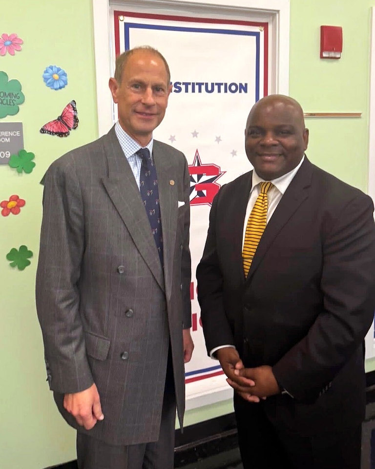 Prince Edward, left, with Baltimore City Public Schools CEO Jermaine Dawson, who previously brought the Duke of Edinburgh’s International Award to Philadelphia, his former home. Seven high schools will join an inaugural Baltimore cohort for the program.
