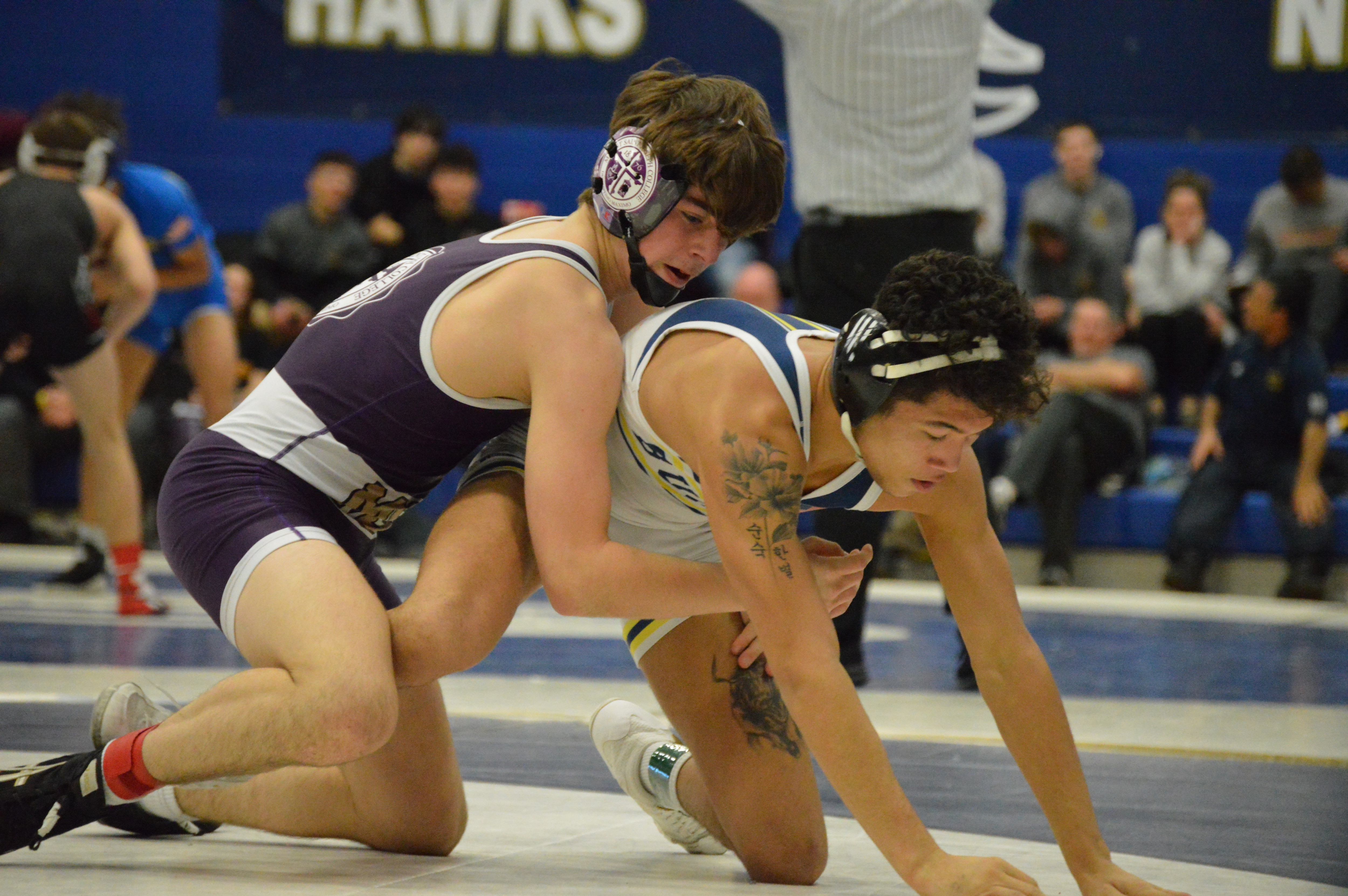 Carter Nogle of Mount St. Joseph scored a 5-1 win over Bryan Santangelo of Bullis School in the 120 lbs. War on the Shore final.