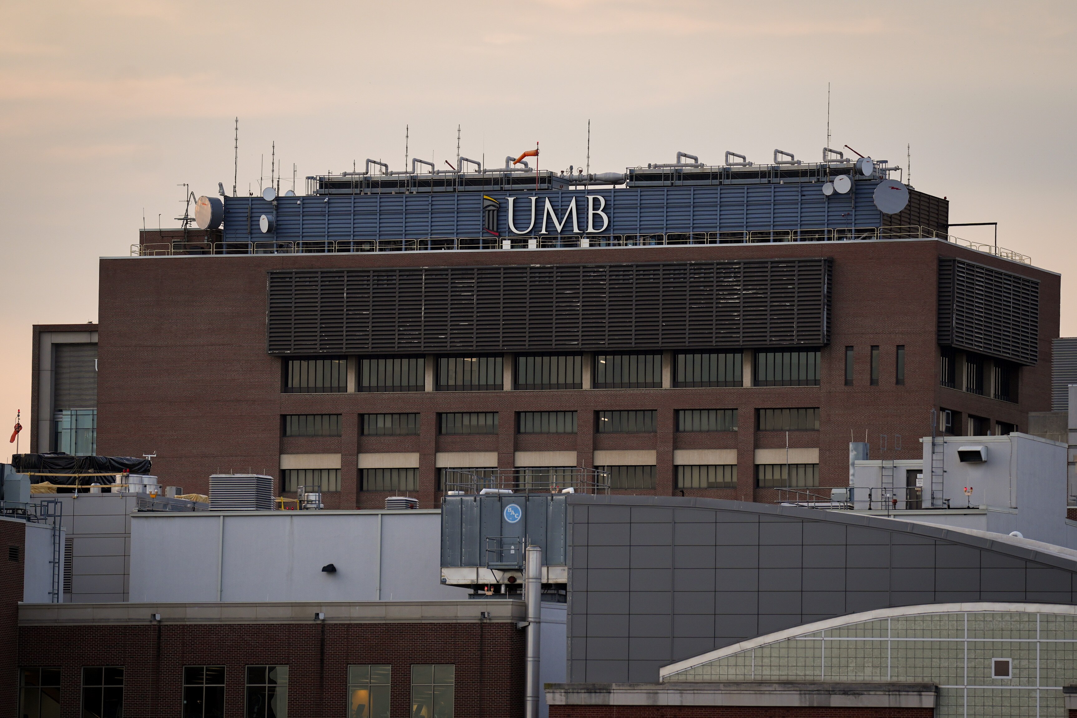A University of Maryland Baltimore building is seen from the upper deck of Oriole Park at Camden Yards in Baltimore on September 4, 2024.