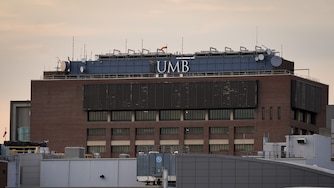 A University of Maryland Baltimore building is seen from the upper deck of Oriole Park at Camden Yards in Baltimore on September 4, 2024.