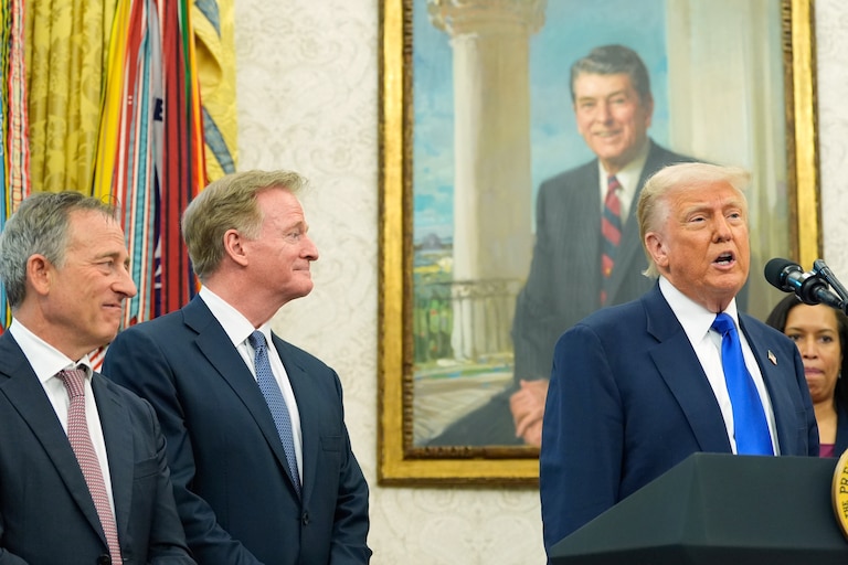 FILE - President Donald Trump speaks as Washington Commanders owner Josh Harris, from left, NFL Commissioner Roger Goodell and District of Columbia Mayor Muriel Bowser listen during an event in the Oval Office of the White House, May 5, 2025, in Washington. (AP Photo/Alex Brandon, File)