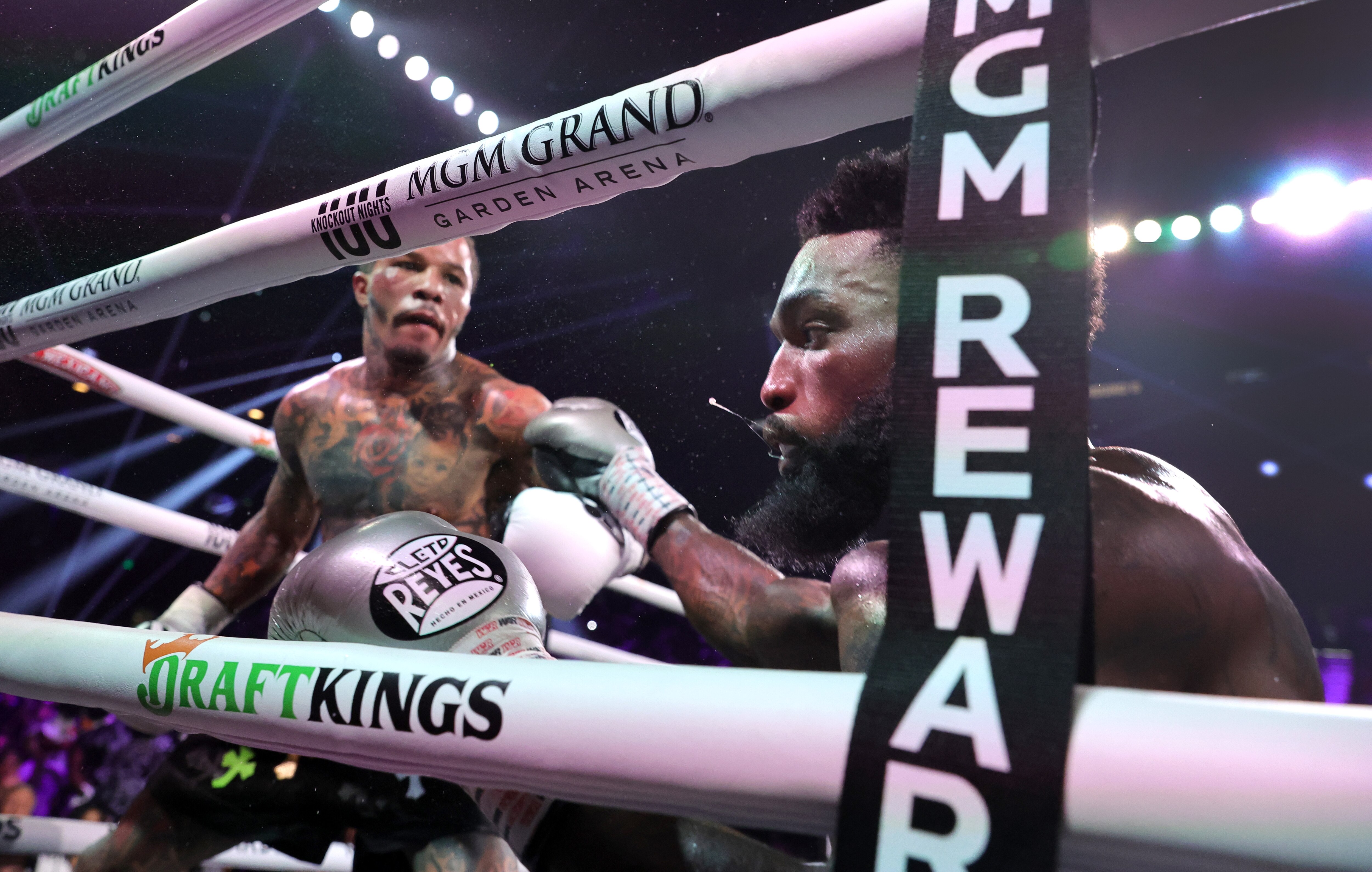 WBA lightweight champion Gervonta Davis (L) sends Frank Martin to the canvas in the eighth round of a title fight at MGM Grand Garden Arena.