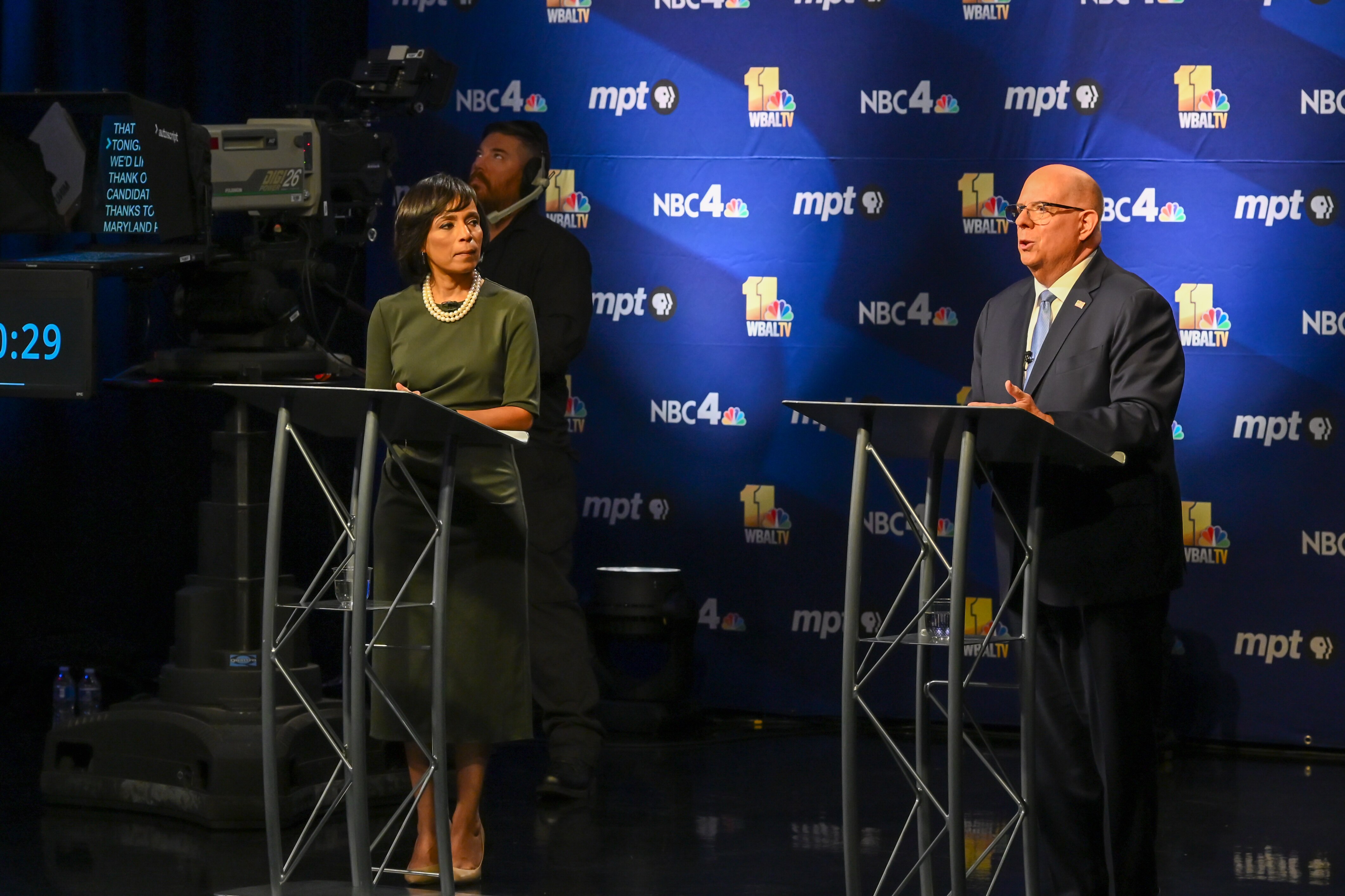 U.S. Senate candidates Angela Alsobrooks, left, and Larry Hogan, right, debate at the Maryland Public Television studios in Owings Mills on Thursday, Oct. 10, 2024.