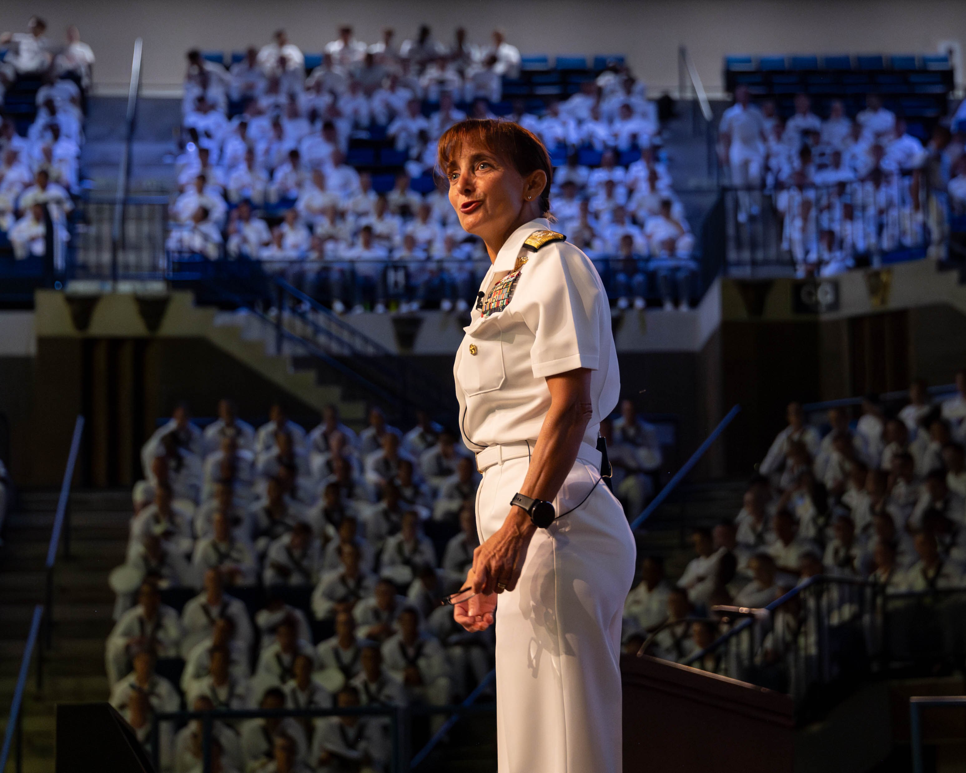 ANNAPOLIS, Md. (Aug. 15, 2024) U.S. Naval Academy Superintendent Vice Adm. Yvette Davids addresses the Naval Academy Brigade of Midshipmen for the start of the new school year in Alumni Hall. As the undergraduate college of our country’s naval service, the Naval Academy prepares young men and women to become professional officers of competence, character, and compassion in the U.S. Navy and Marine Corps.