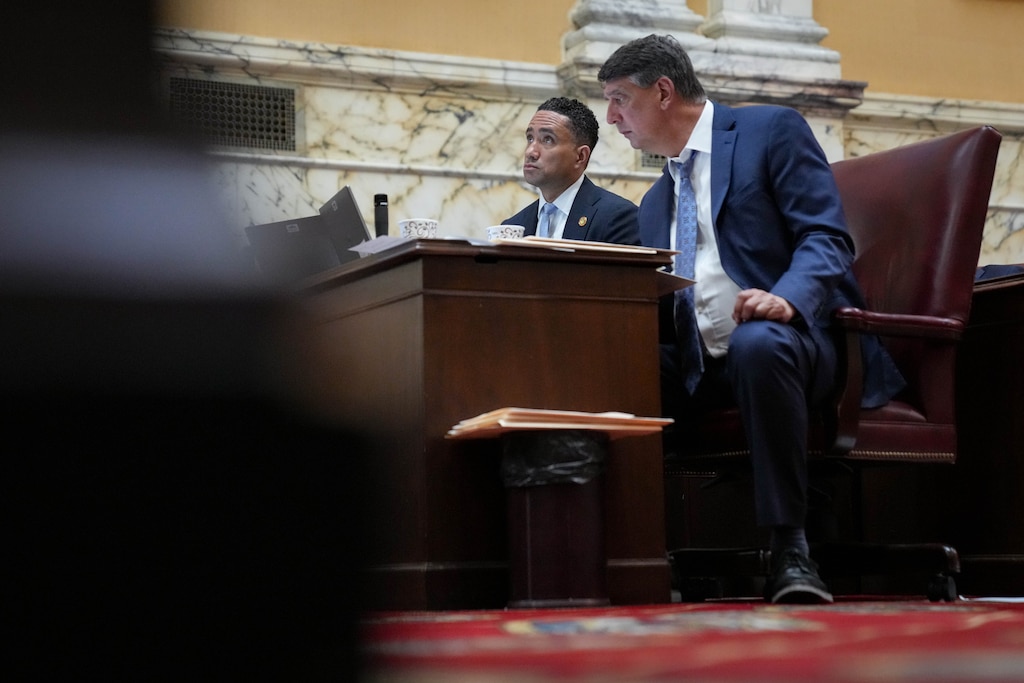 Sen. Will Smith, left, and Sen. Guy Guzzone listen during Senate proceedings at the Maryland State House on Sine Die in Annapolis, Md. on Monday, April 13, 2026. Any bill not passed by midnight on Sine Die is effectively dead at least until the next legislative session.