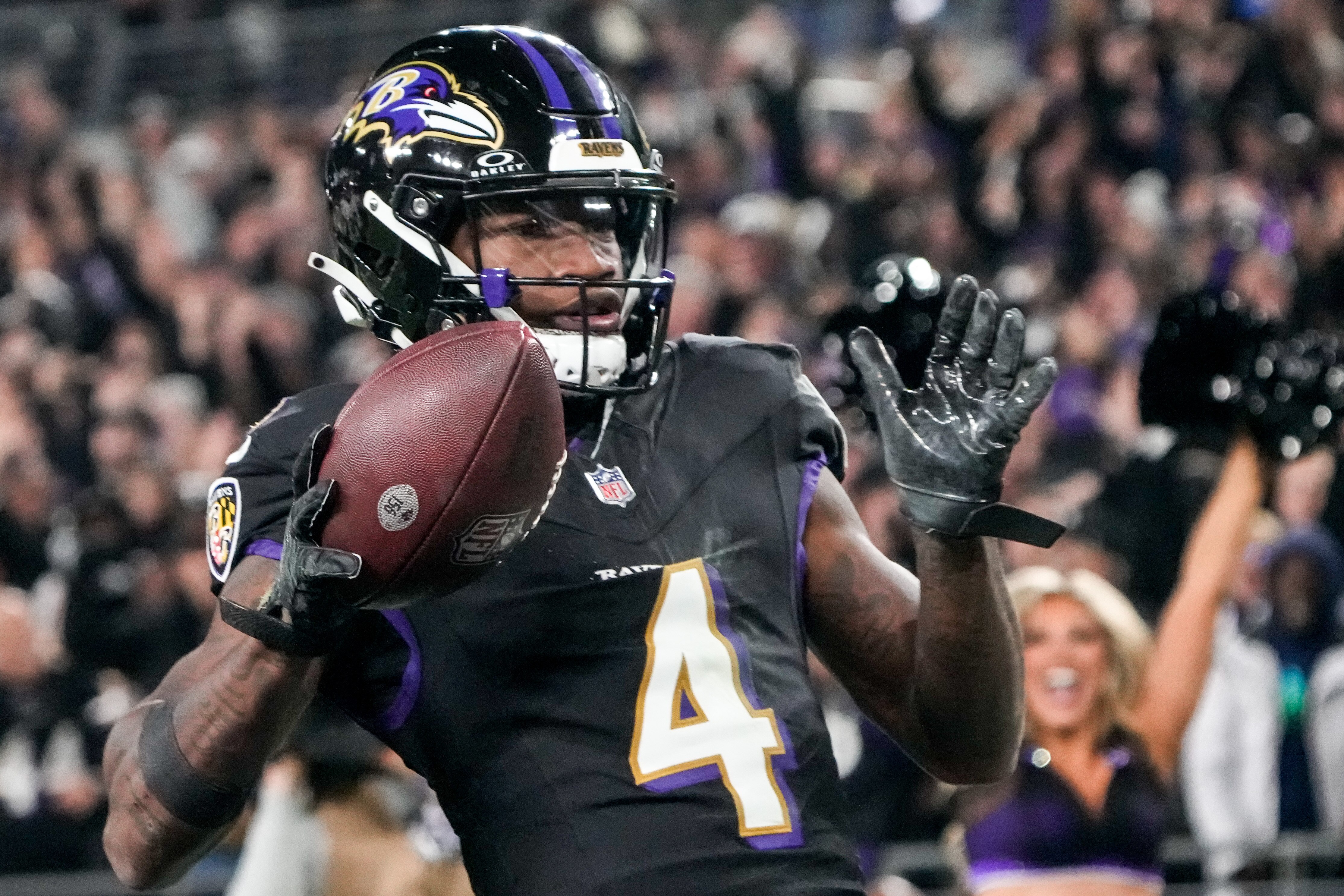 Baltimore Ravens wide receiver Zay Flowers (4) celebrates after scoring a touchdown during the second quarter against the Cincinnati Bengals at M&T Bank Stadium on Thursday, Nov. 16, 2023.