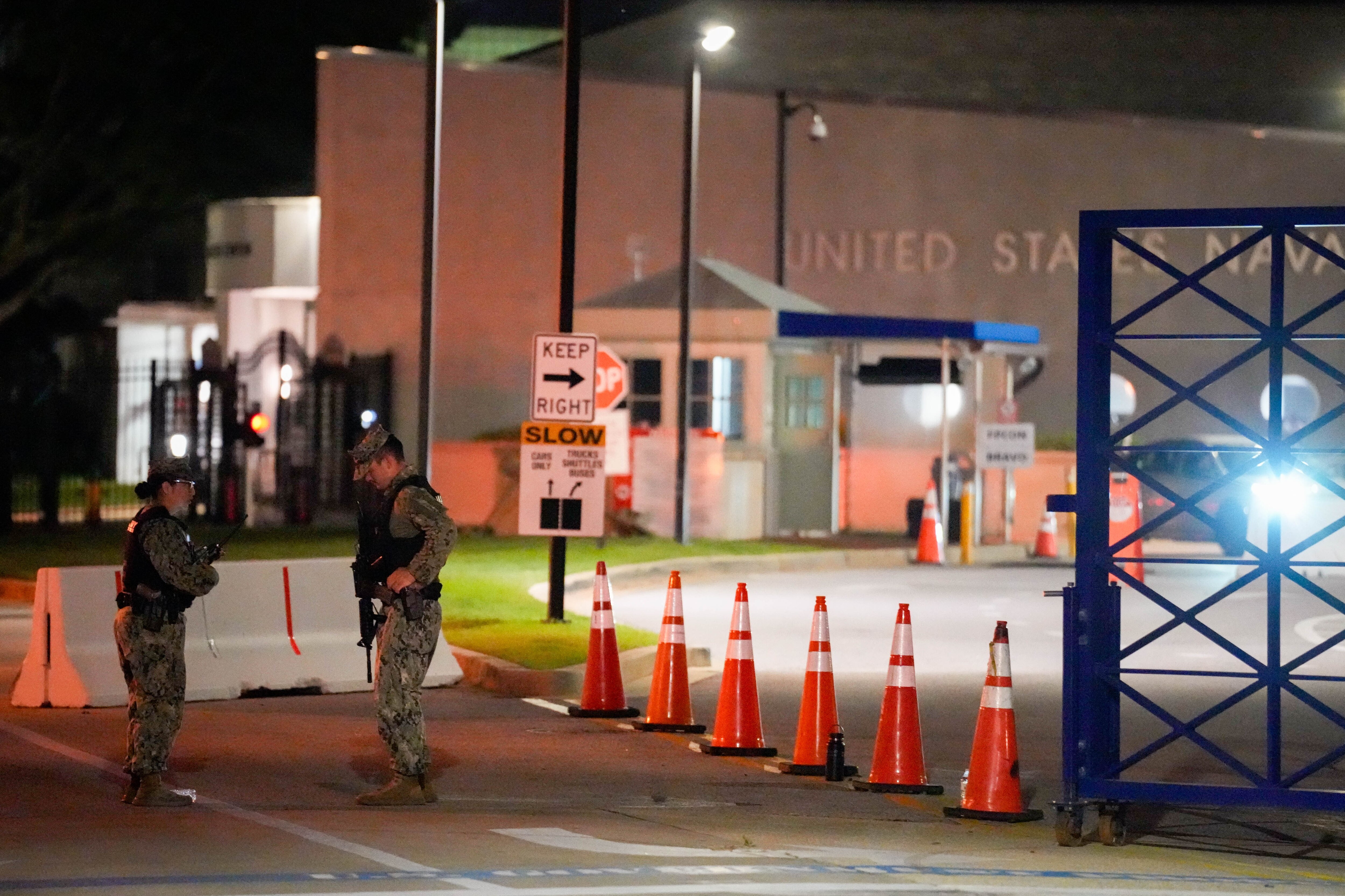 U.S. Navy Security officers attend Gate 1 at the United States Naval Academy in Annapolis on Sept. 11. The USNA went on lockdown that evening following reports of a shooting on campus.