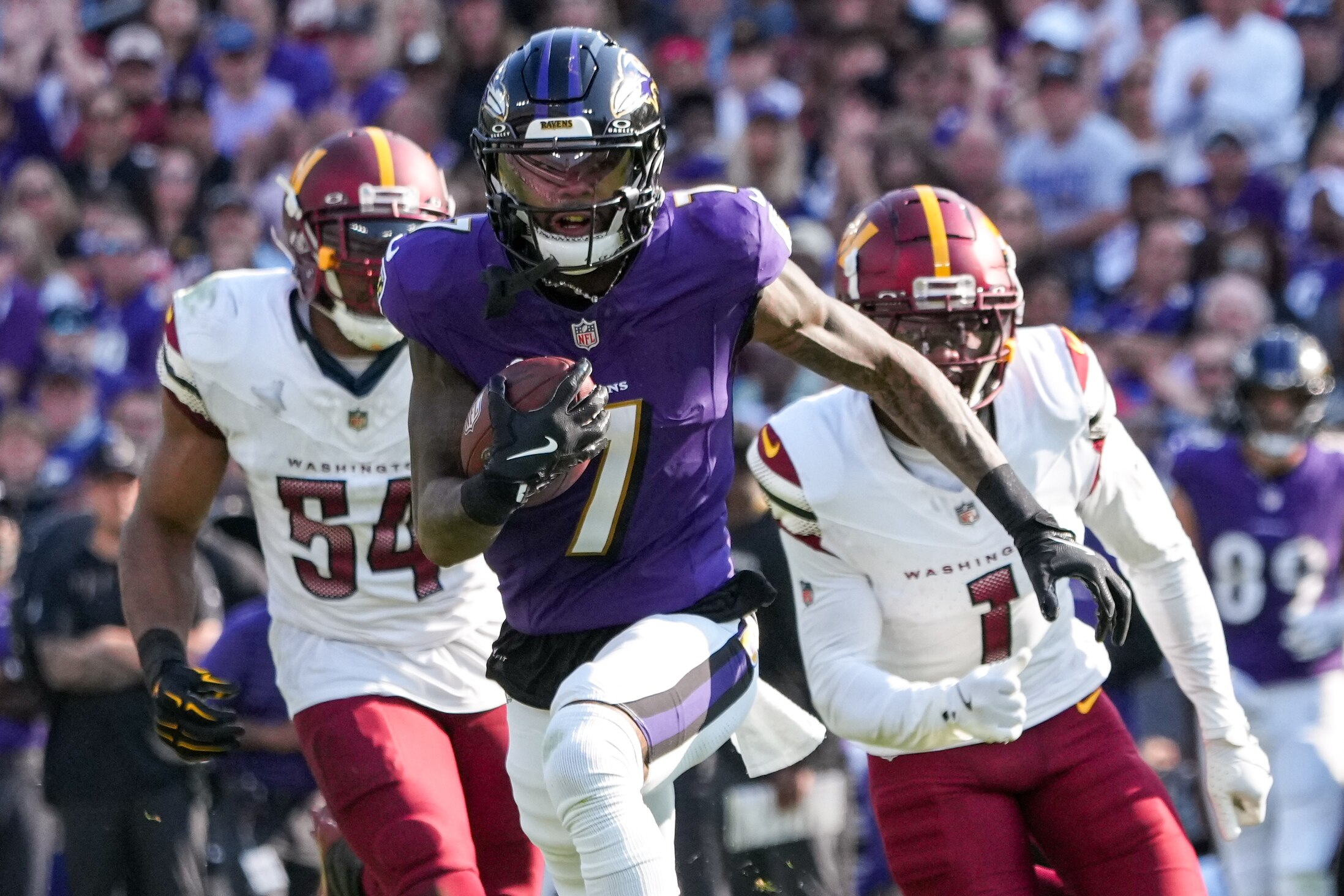 Rashod Bateman (7) combined with fellow Ravens wide receiver Zay Flowers to catch all 13 of their targets against the Commanders.