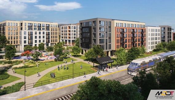 A preliminary rendering of the transit-oriented development project at the Odenton MARC station. Officials have selected two local builders, Homes for America and Questar Properties, to construct the multi-use development.