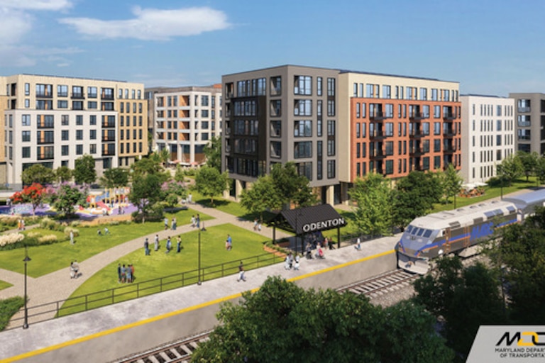 A preliminary rendering of the transit-oriented development project at the Odenton MARC station. Officials have selected two local builders, Homes for America and Questar Properties, to construct the multi-use development.
