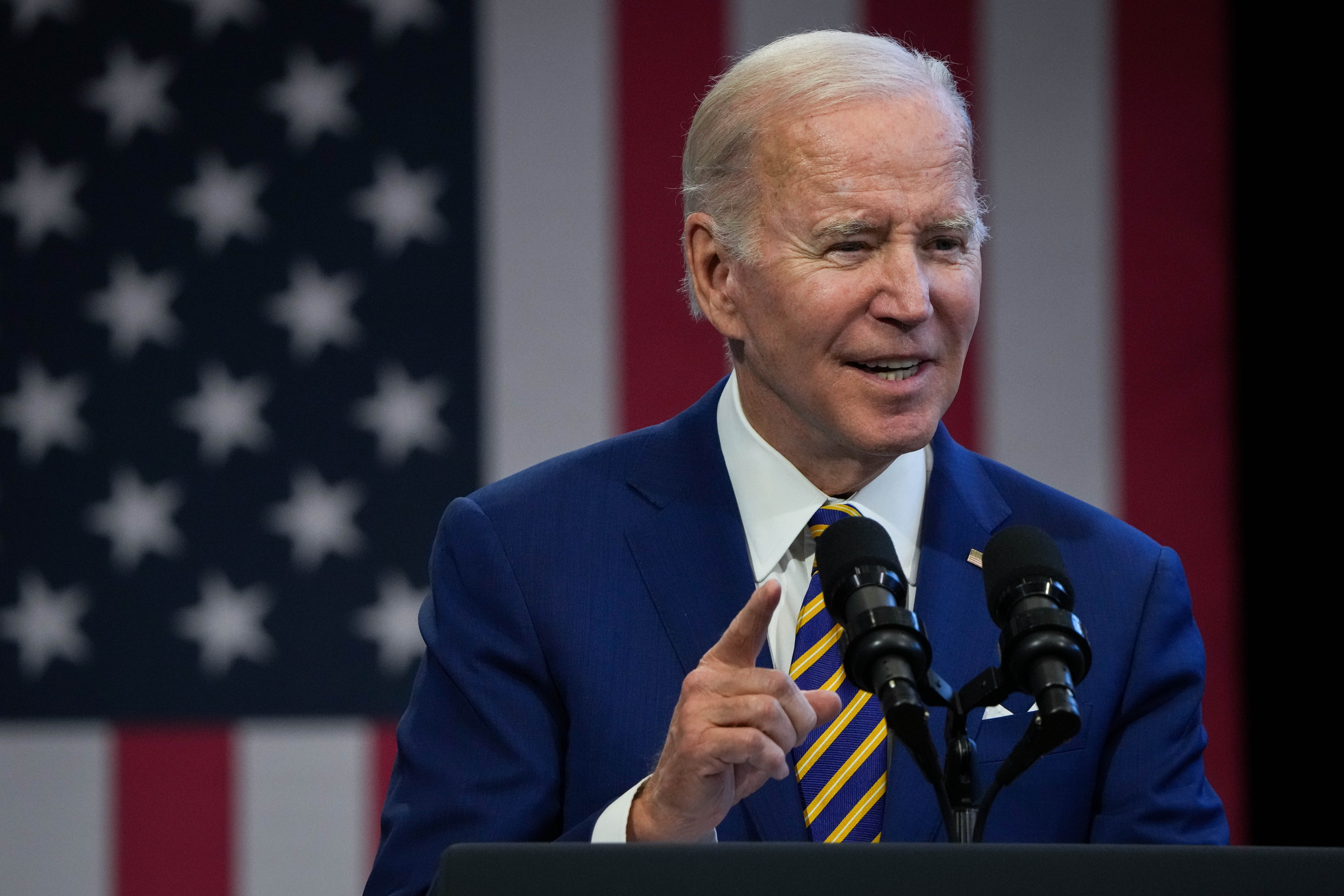 U.S. President Joe Biden speaks to members of the IBEW Local 26 union at their office in Lanham, Maryland on 2/15/23.