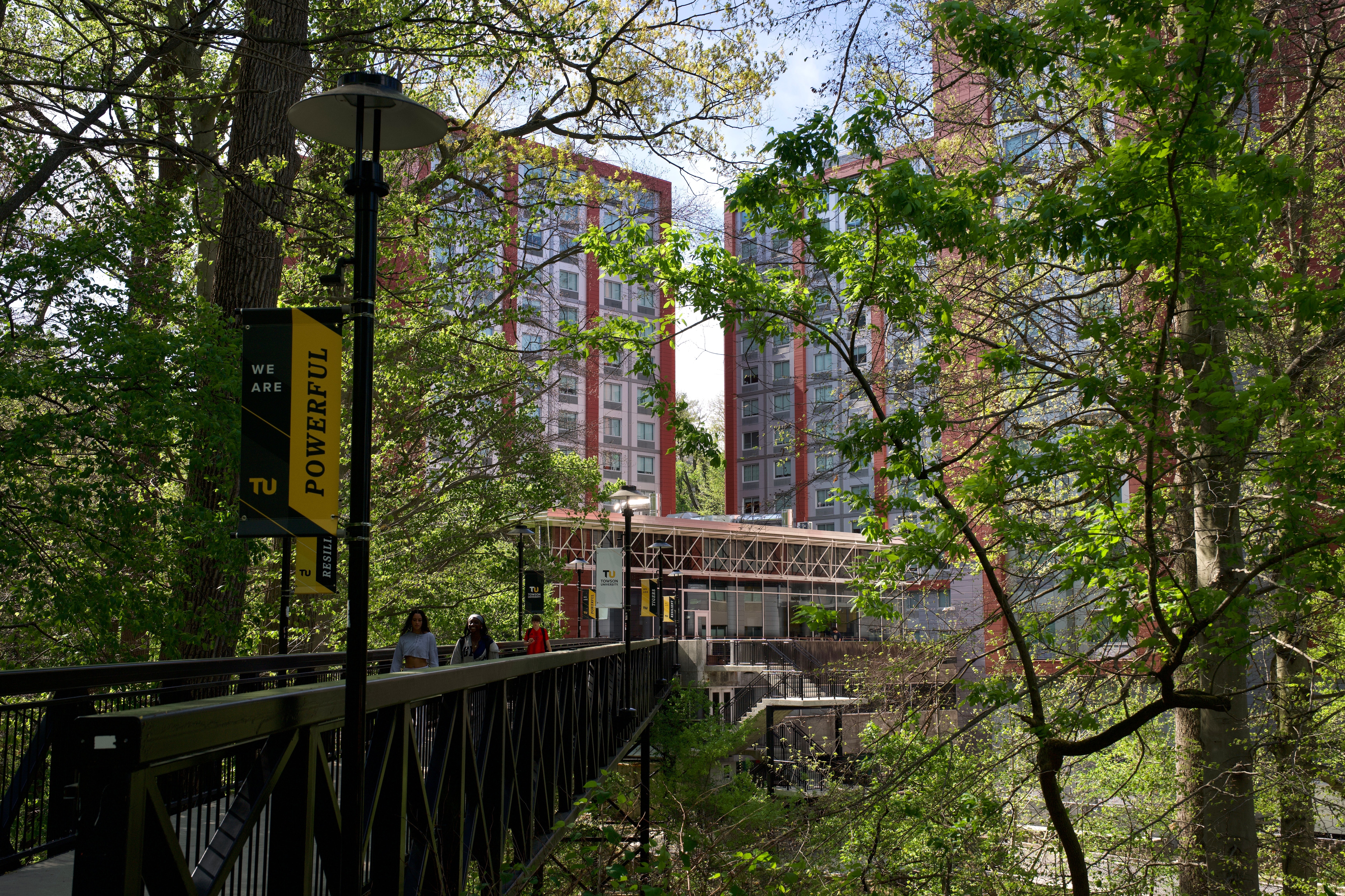 FRIDAY, APRIL 17, 2026 - Tower C residence hall, right, was the dorm at Towson University where a man accidentally shot himself in the leg. Police responded quickly and no students were injured.