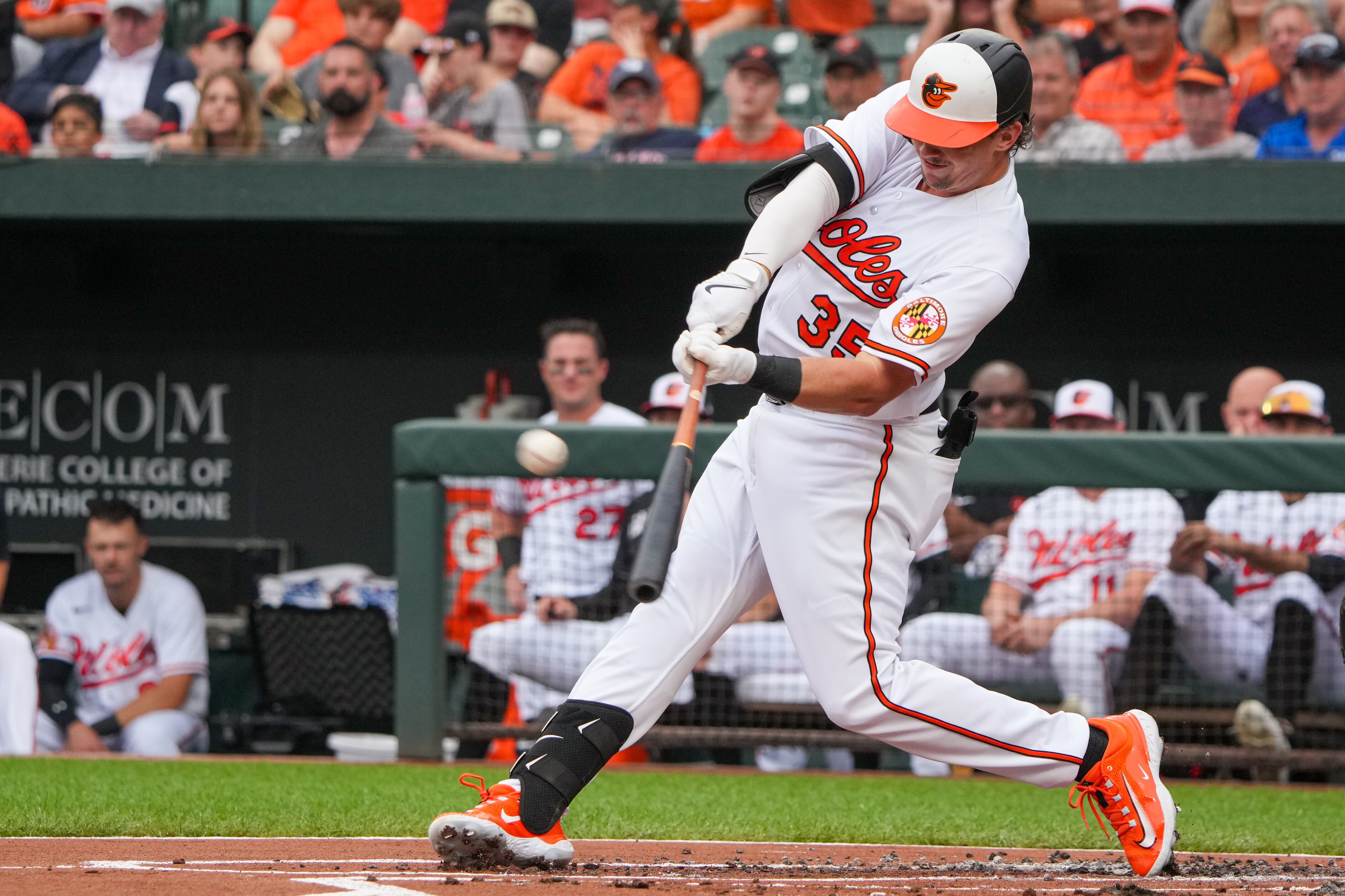 Orioles catcher Adley Rutschman hits the first leadoff home run of his career Thursday during a 5-4 victory over the Astros.