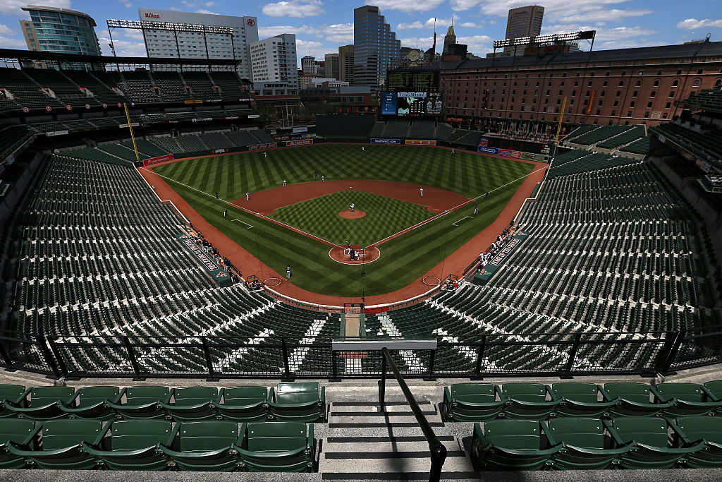 BALTIMORE, MD - APRIL 29: Starting pitcher Ubaldo Jimenez #31 of the Baltimore Orioles works Jose Abreu #79 of the Chicago White Sox in the first inning at an empty Oriole Park at Camden Yards on April 29, 2015 in Baltimore, Maryland. Due to unrest in relation to the arrest and death of Freddie Gray, the two teams played in a stadium closed to the public. Gray, 25, was arrested for possessing a switch blade knife April 12 outside the Gilmor Houses housing project on Baltimore's west side. According to his attorney, Gray died a week later in the hospital from a severe spinal cord injury he received while in police custody.
