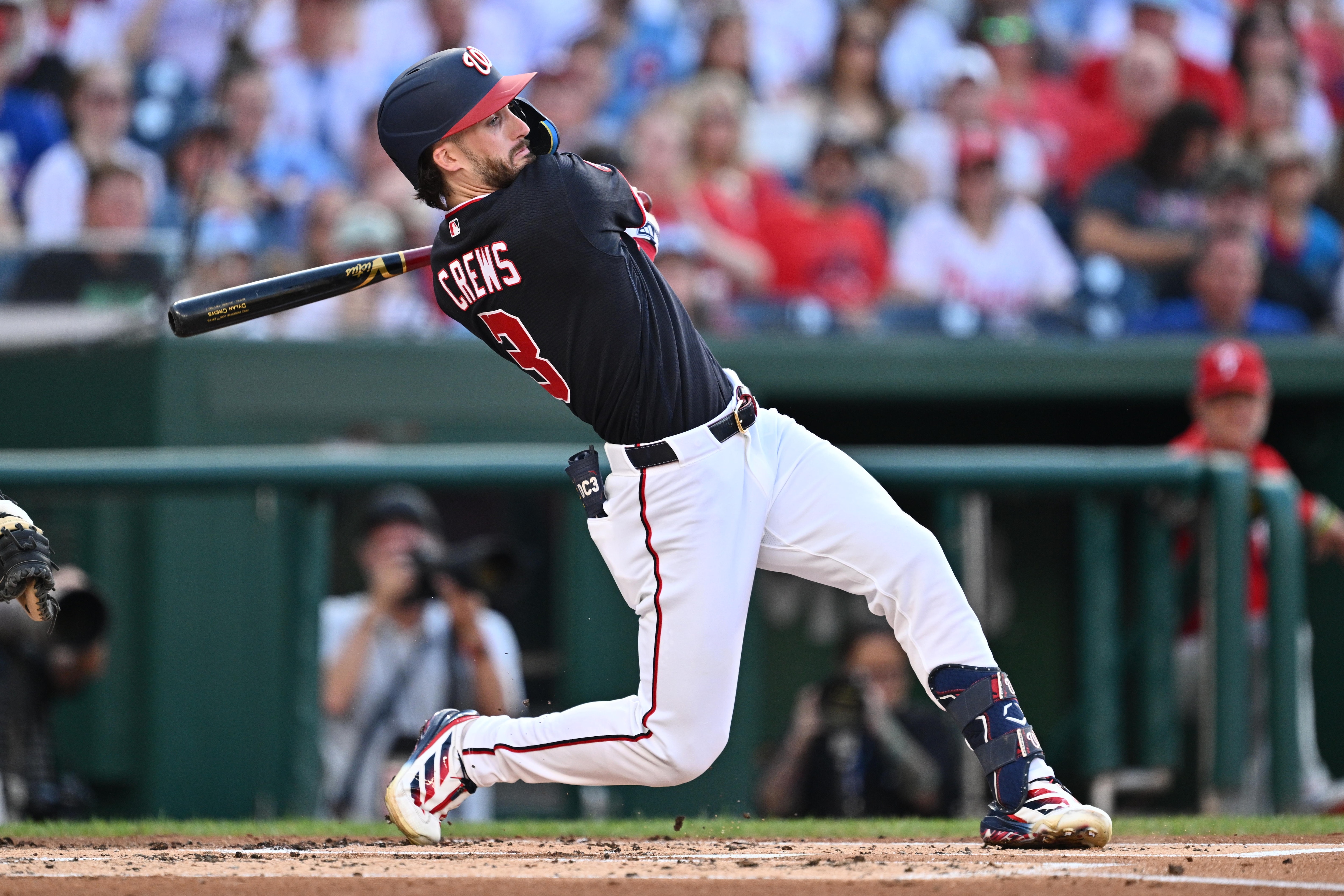 Dylan Crews singles in the first inning Thursday night during the Nationals’ 10-5 loss to the Phillies.