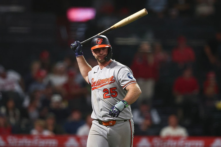 Orioles first baseman Pete Alonso reacts after striking out during the ninth inning of Tuesday night's game against the Los Angeles Angels.
