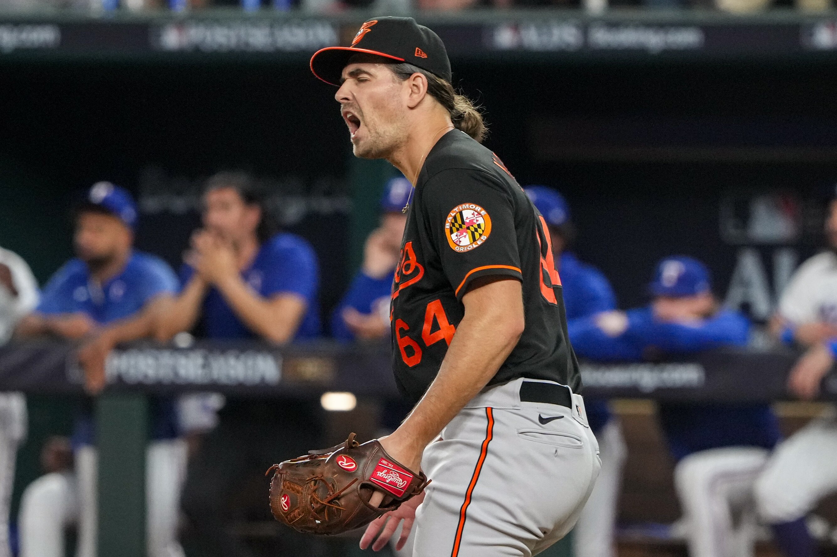 Baltimore Orioles starting pitcher Dean Kremer reacts after giving up a homer during Game 3 of the American League Divisional Series against the Texas Rangers at Globe Life Field in Arlington, Tex. on Tuesday, October 10, 2023.