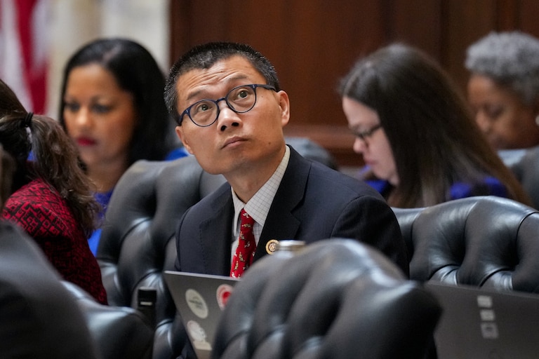 Del. Chao Wu, a Howard and Montgomery County Democrat, sits in the House chamber on “crossover day” in the Maryland State House in Annapolis on March 18, 2024.