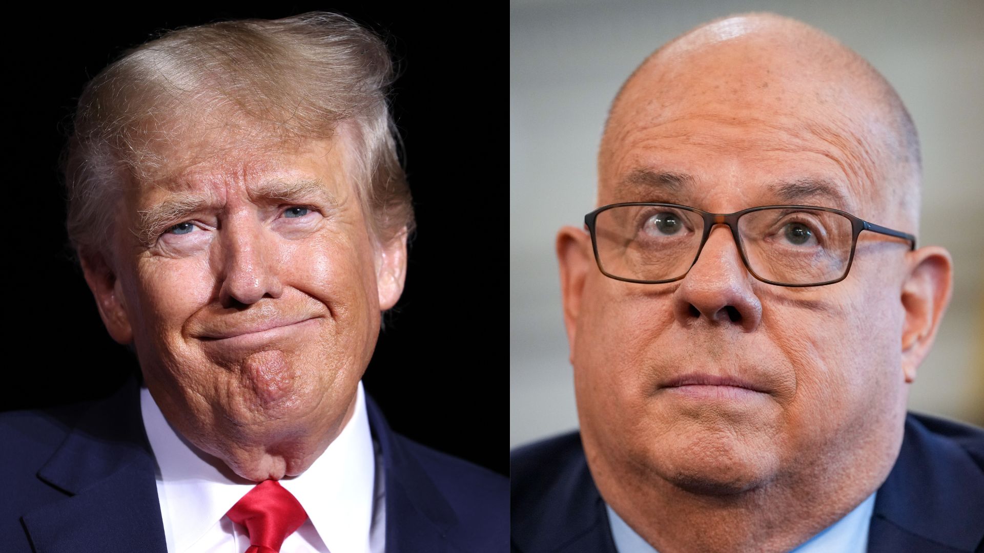 Donald Trump, left (photo by Justin Sullivan/Getty Images) Larry Hogan, right (photo by Ulysses Muñoz/The Baltimore Banner)
